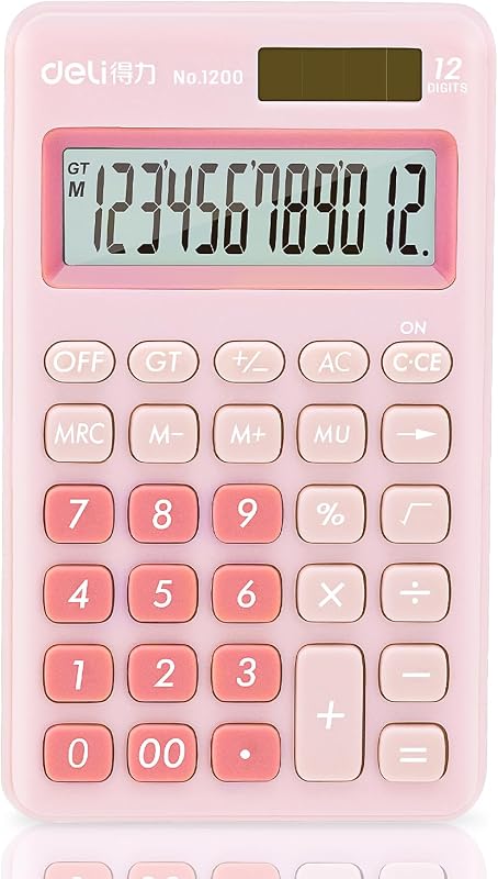 Standard Function Basic Calculator, 12 Digit Desktop Calculator with Large LCD Display, Solar Battery Dual Power Office Calculators, Pink