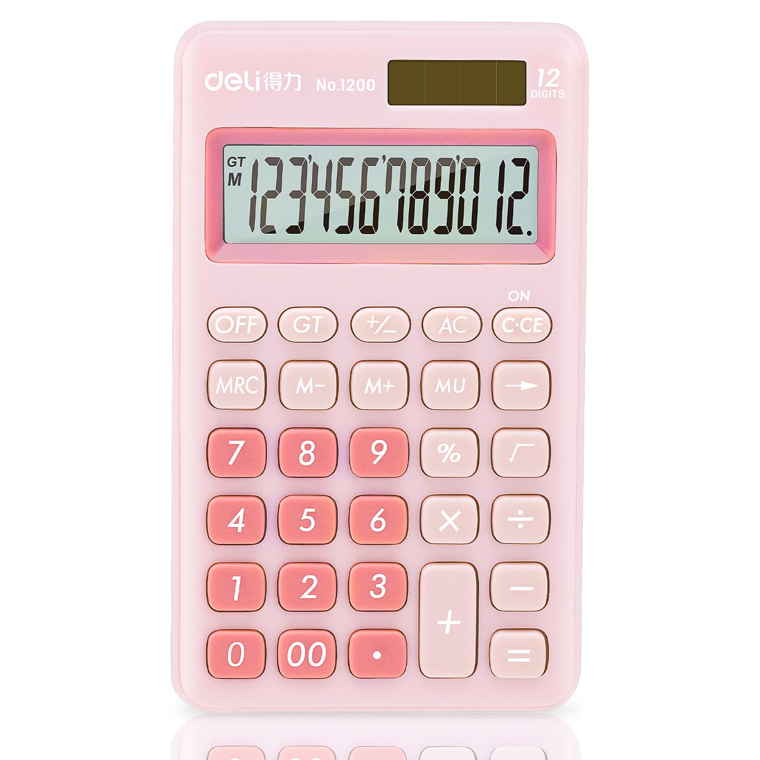 deli Standard Function Basic Calculator, 12 Digit Desktop Calculator with Large LCD Display, Solar Battery Dual Power Office Calculator, Pink