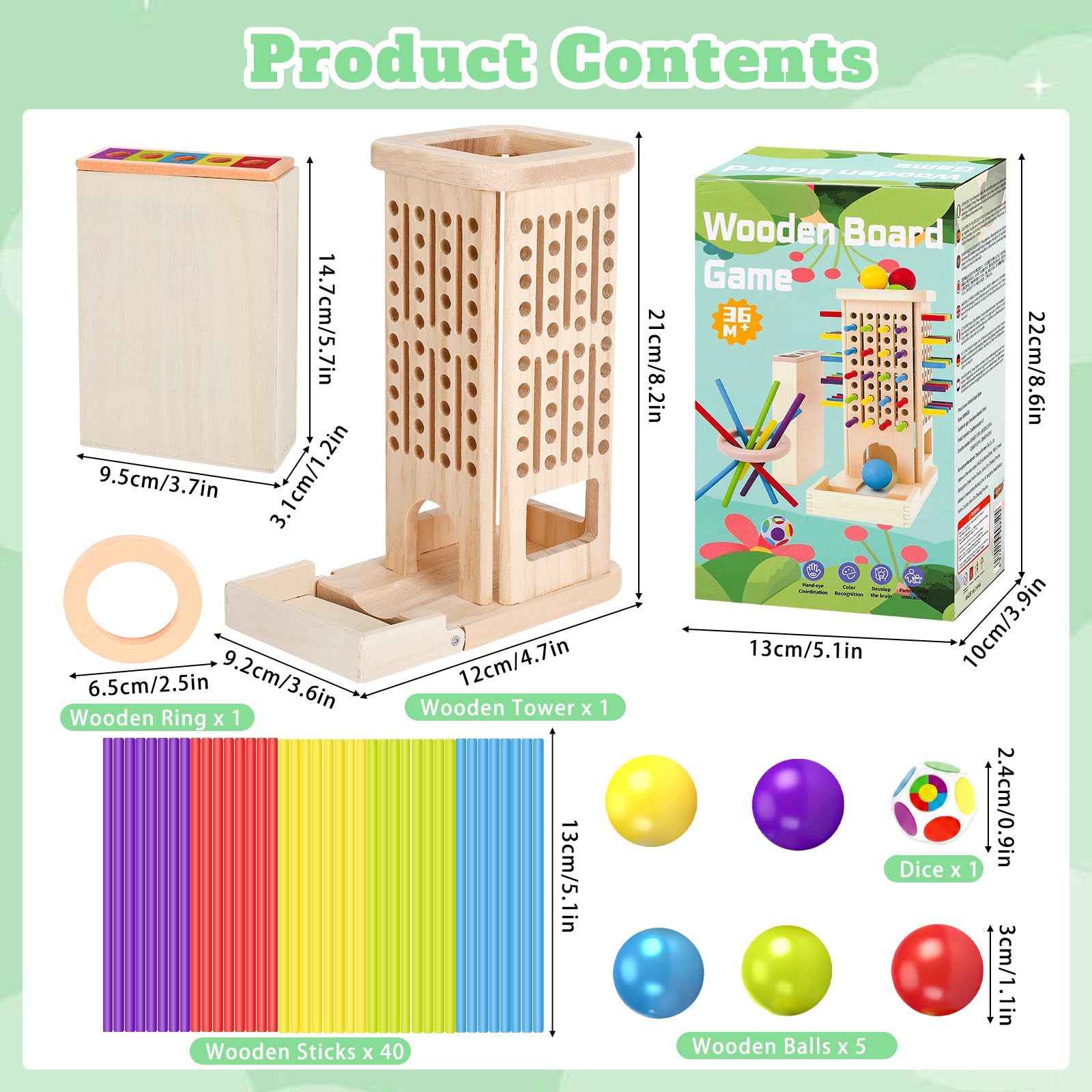 Giochi Montessori per Bambini 3-6 Anni, Gioco da Tavolo in Legno con 40 Bastoncini Colorati, Dado & Box di Legno, Fine Motor Game, Regalo Bambina Bambino 3-9 Anni
