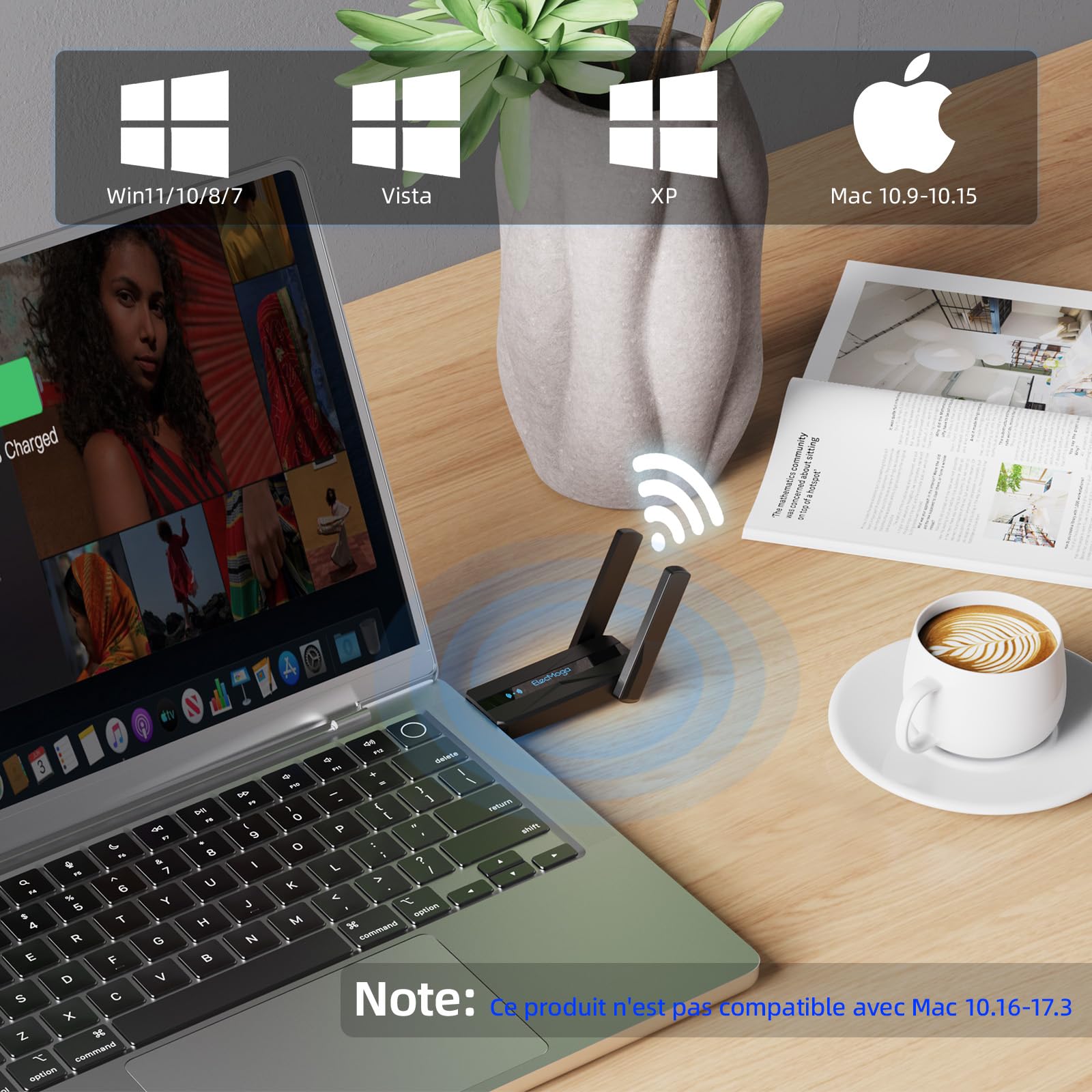 ElecMoga Clé WiFi Puissante AC1300 Mbps, USB 3.0 WiFi USB 5dBi 2.4GHz/5GHz Double Bande Antenne WiFi, Adaptateur WiFi pour PC/Laptop/Desktop/Tablet, Compatible avec Windows 11/10/8/7/XP, Mac OS X