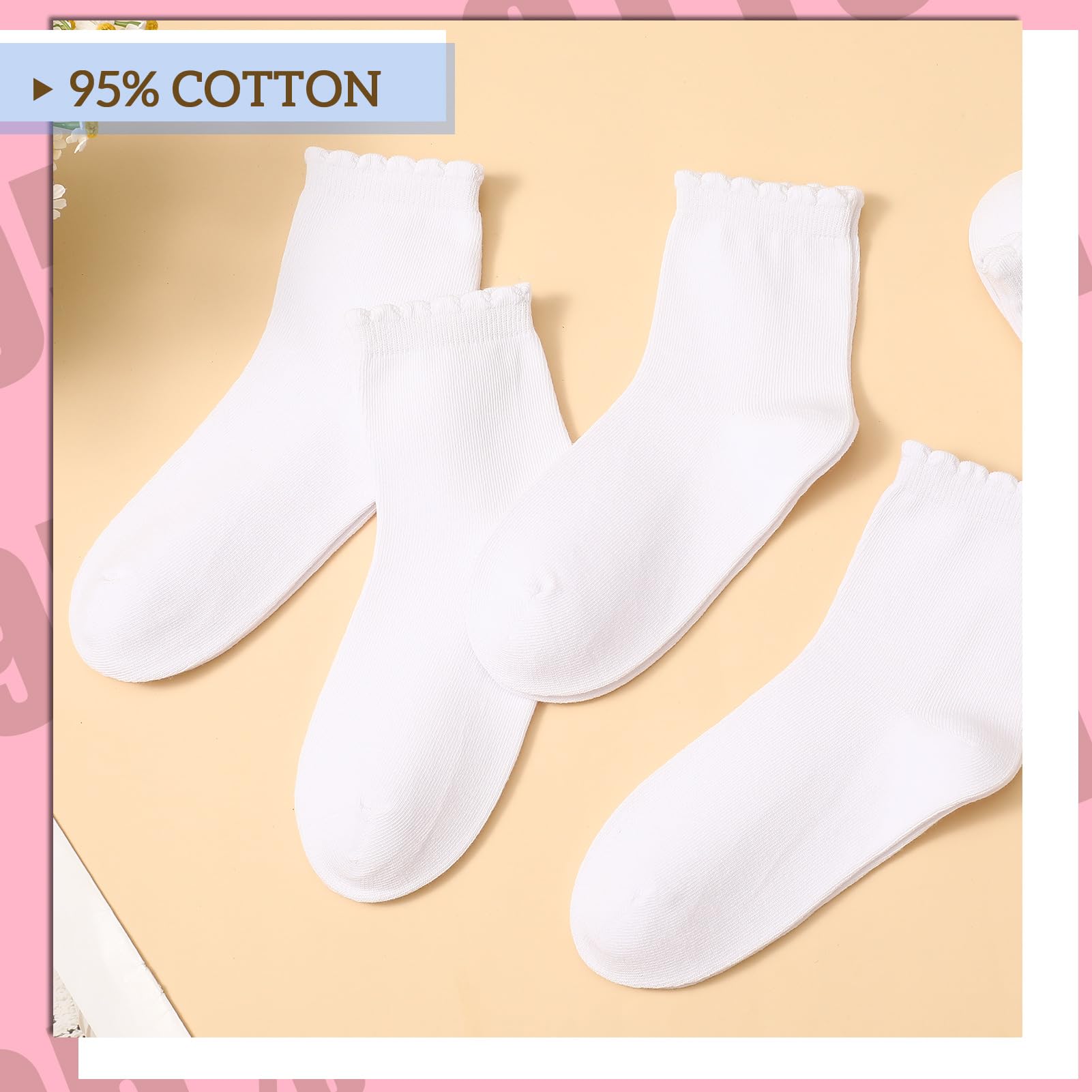 Zuimei 6 Pair Girls Lace Socks,White Cotton Frilly Ankle Socks for Kids Sweat Absorbent,Comfortable&Breathable Everyday for School,Parties and Dressing Up(4-7 Years Kids)