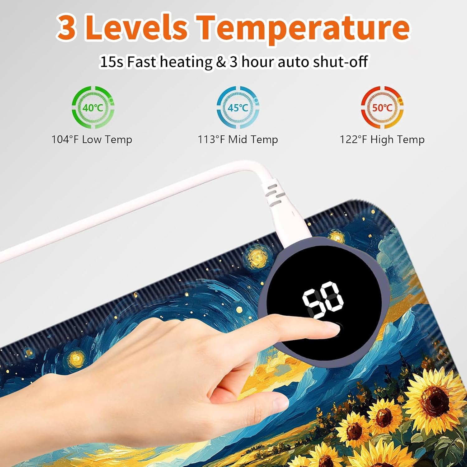 Heated Mouse Pad,Warm Desk Pad with 3 Levels Heating & 3 Hours Auto Shut-Off, PU Leather Heated Desk Pad Warmer Pad for Home Office - 31.5 x 13 inch,Starry Sky Sunflower