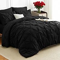 HIMEET Queen 7-Piece Black Pinch Pleat Comforter Set - Luxury Soft Bed in a Bag with Sheets, Shams & Pillowcases
