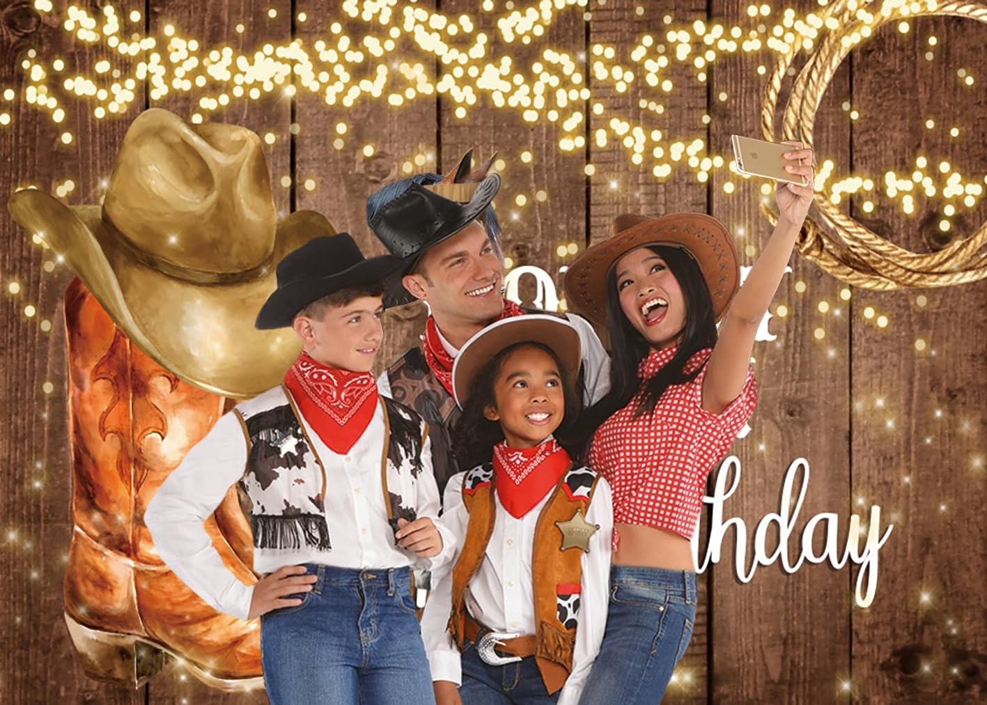 3.6x3m Sfondo Western Cowboy Happy Birthday Rustic West Rodeo Boots Pavimento in legno Fotografia di campagna Sfondo tema occidentale Decorazioni per feste di compleanno per bambini