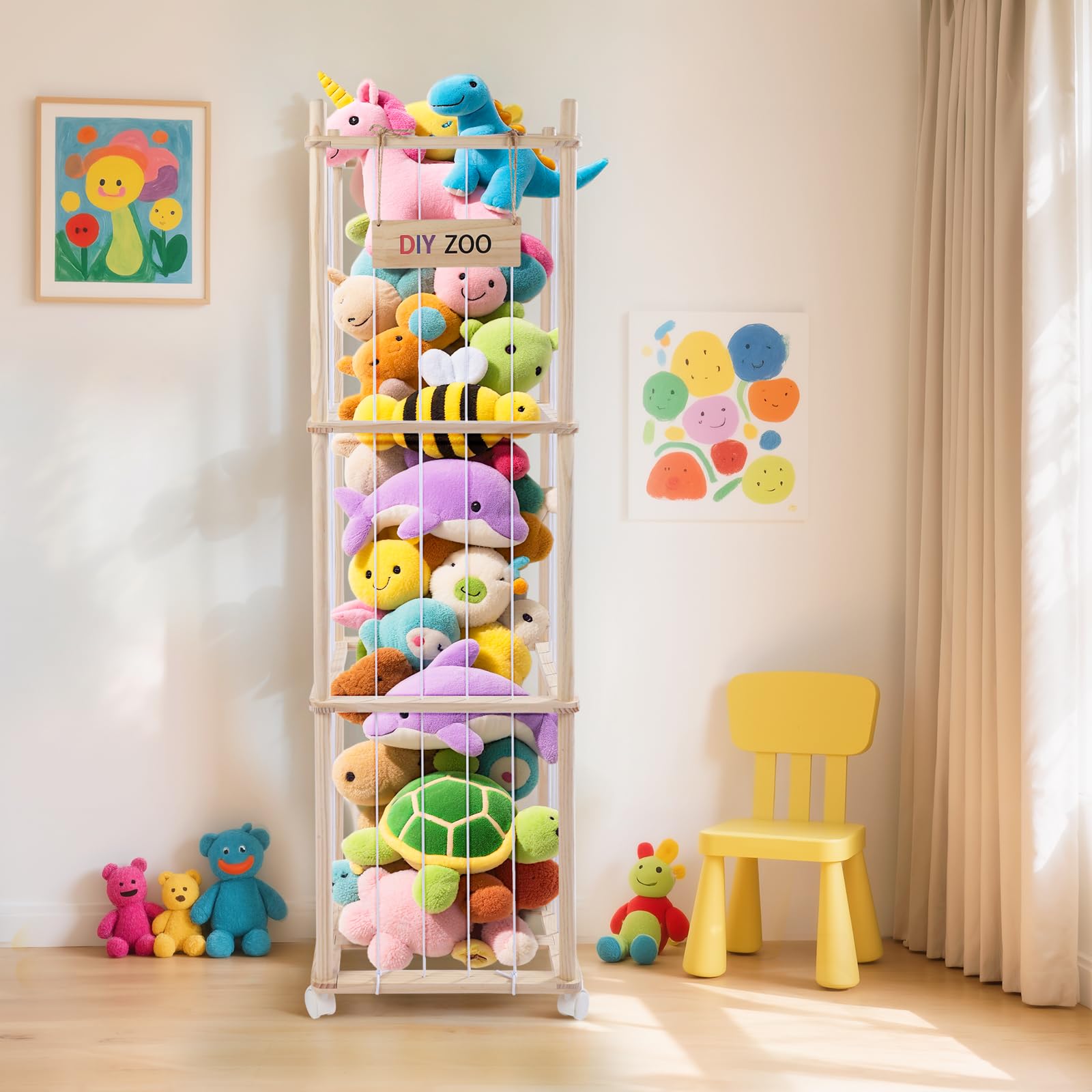 Rangement pour Peluches, Meuble de Range Peluche Enfant avec Roulettes Pivotantes Verrouillables à 360° pour Chambre de Bébé, Salon, Chambre d'enfant (138x41x41cm)