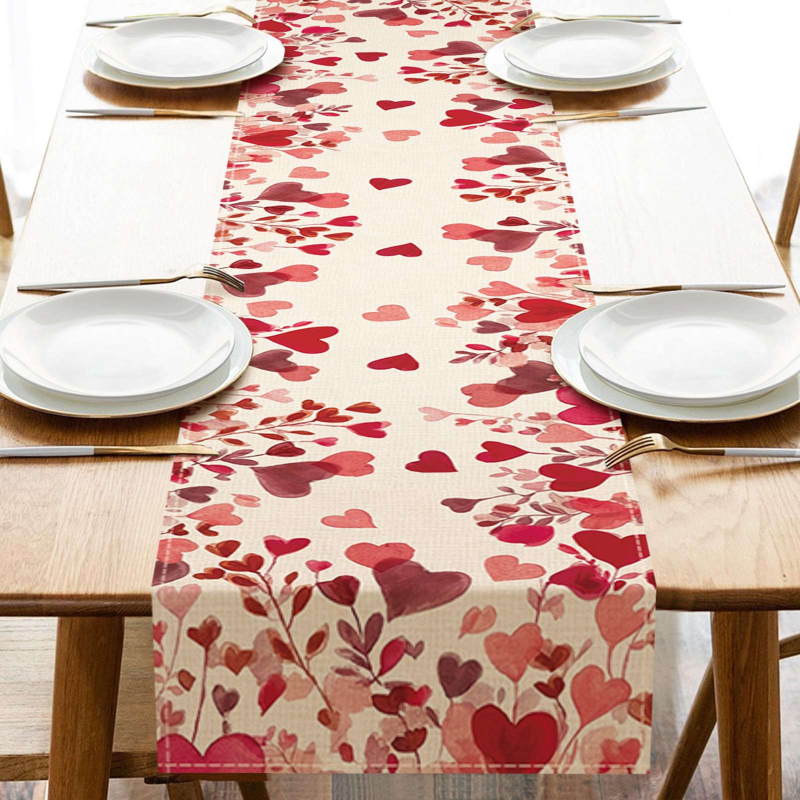 Valentines Day Dining Table Runner, Watercolor Red Love Heart Burlap Kitchen Decoration, Anniversary Wedding Indoor Outdoor Home Decor Party Supply 13 x 72 Inches