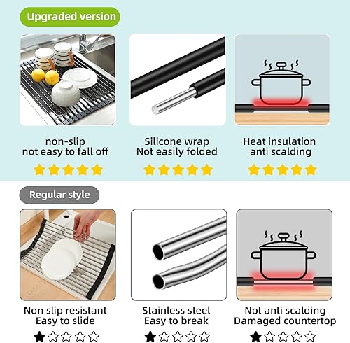 Miniatura 5 de Escurridor de platos enrollable, escurridor de platos antideslizante para encimera de cocina, acero recubierto de silicona, multiusos, ahorro de