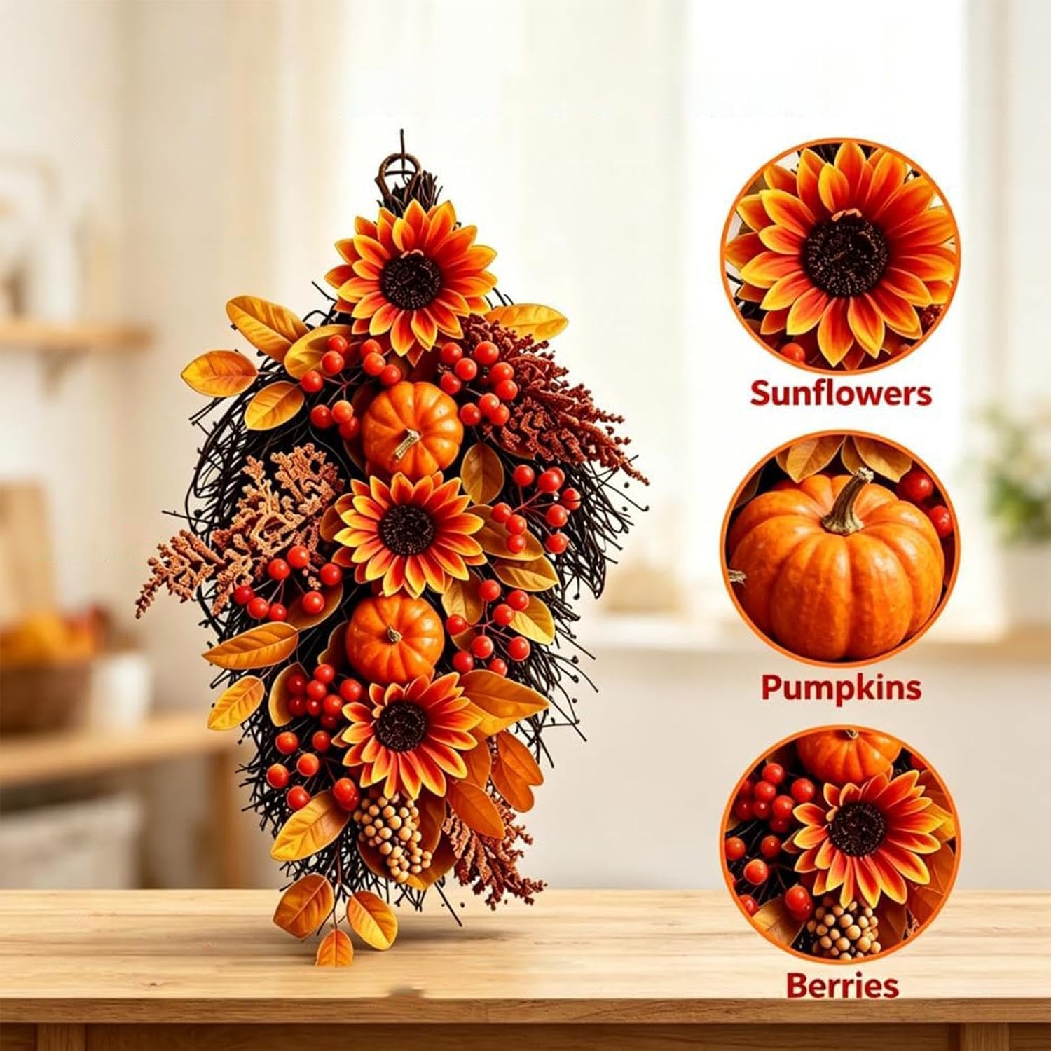 Autumn Swag, Sunflower Pumpkin Décor, Artificial Berries with Harvest Featu