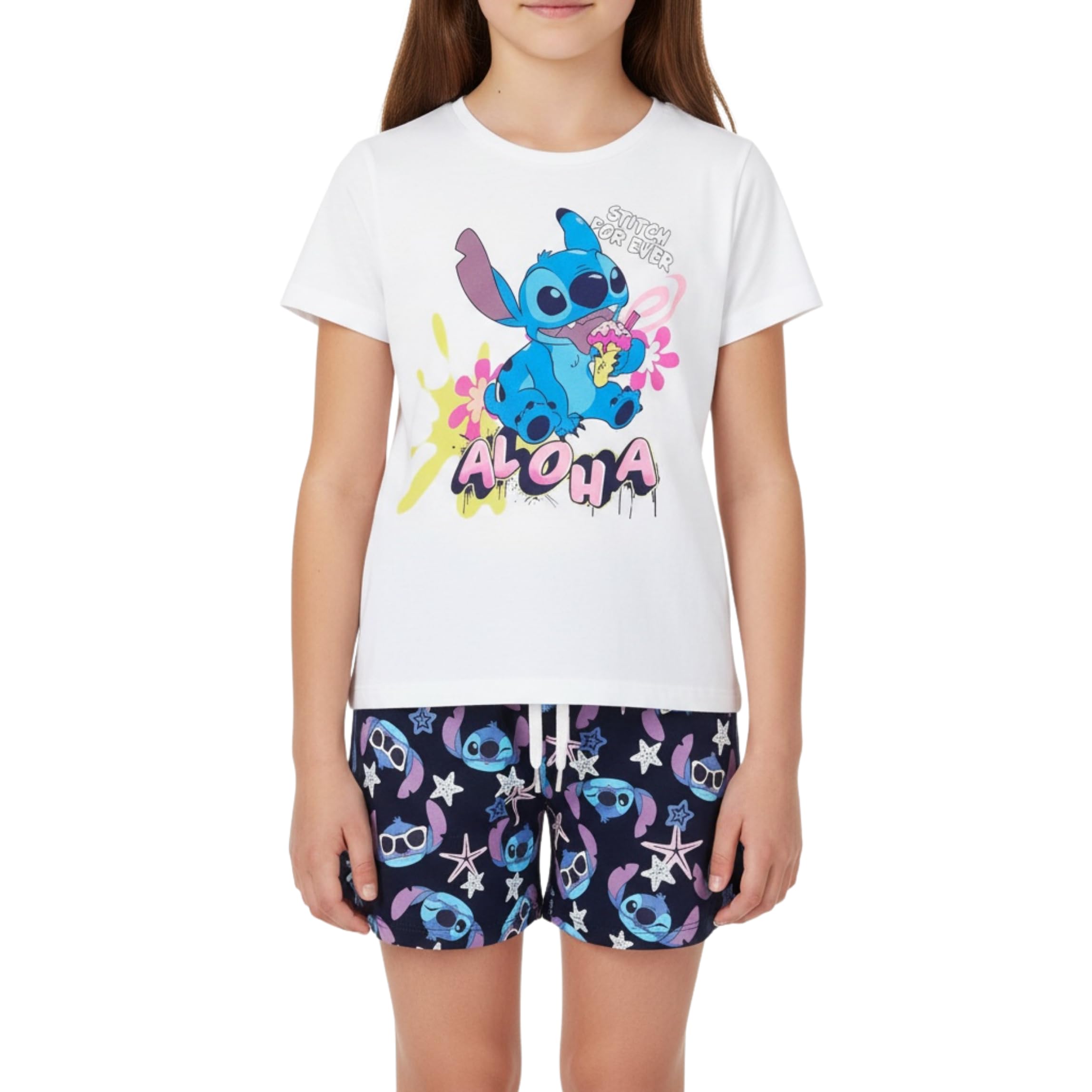 Disney Stitch Pyjama pour Fille, Ensemble 2 Pièces 'Aloha' Conception T-Shirt et Short, Taille 10 Ans | Blanc