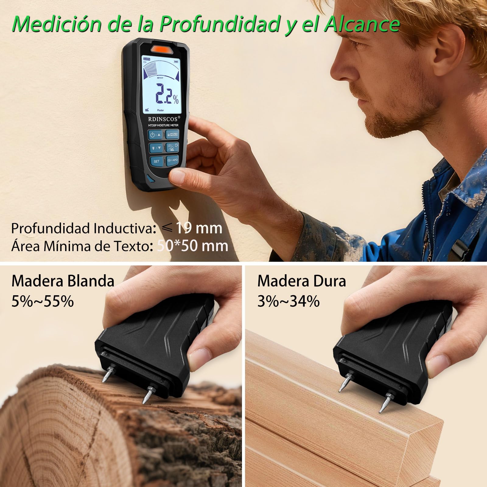 RDINSCOS RDINSOCS Medidor de Humedad sin Aguja & con Aguja para Medir la Humedad de la Madera, las Paredes, el Yeso y el Hormigón,Higrometro con Pantalla LCD