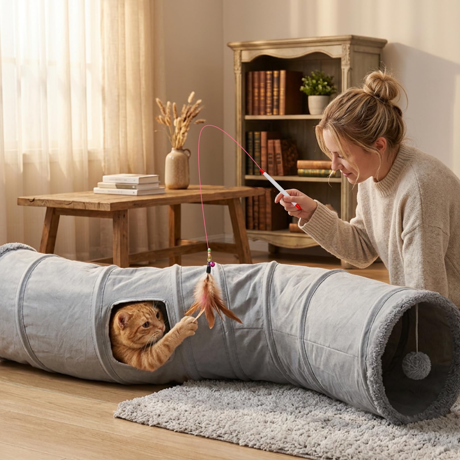 YGJT Tunnel pour chat d'intérieur pour chat adulte, chaton pour l'ennui | Jouets interactifs pour chats avec balles rotatives, baguette à plumes, poisson, couverture et balle, accessoires pour chat