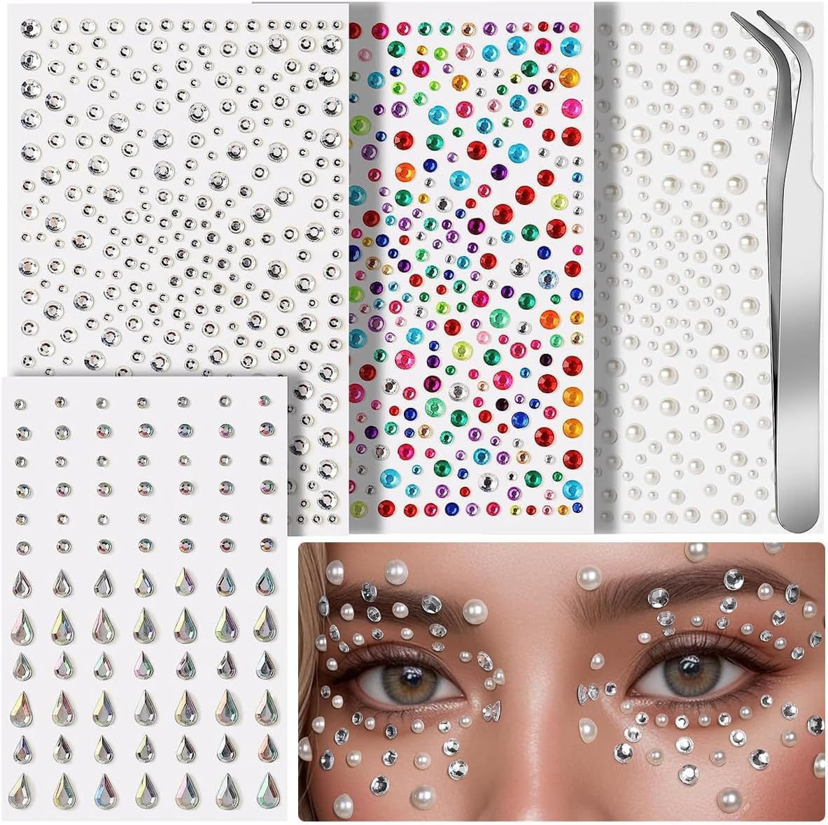 - Dazzliq 4 Sheets Face Gems & Pearl Stickers Kit Self Adhesive Rhinestone Jewels with Tweezer Glitter Festival Makeup Sticker for FaceDecor, Hair, Nail Art, Crafts & DIY | Rhinestone Sticker for Faces,