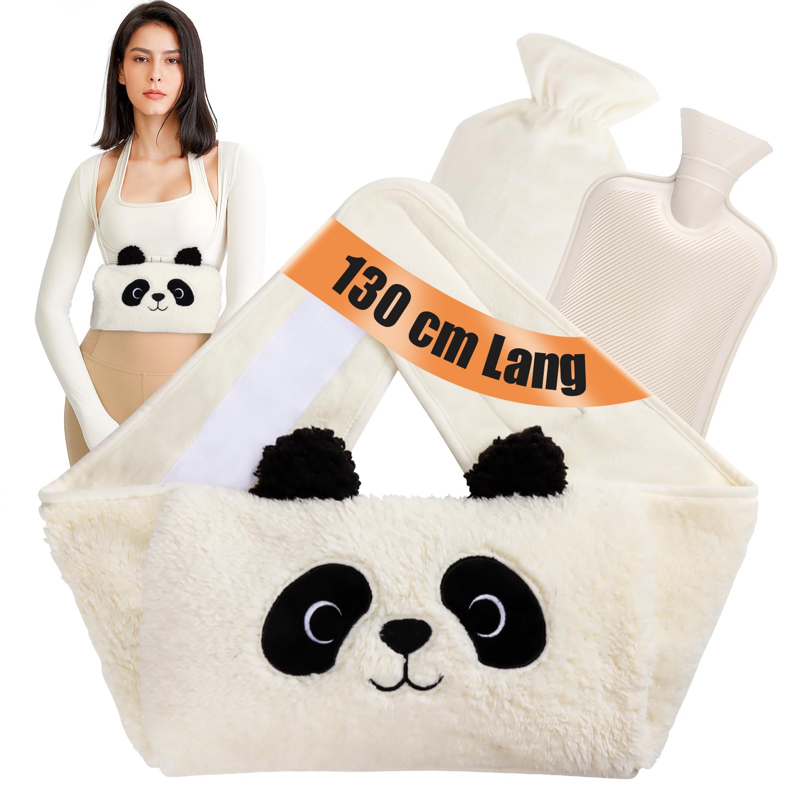 PBWZF Wärmflaschengürtel Panda, Extra Langer 130cm Wärmflasche Gürtel mit Wärmflaschenbezug und Weichem Taillenbezug, Umhänge Wärmflasche aus Gummi für Nacken, Schulter, Beine, Rücken, Taillenwärmung