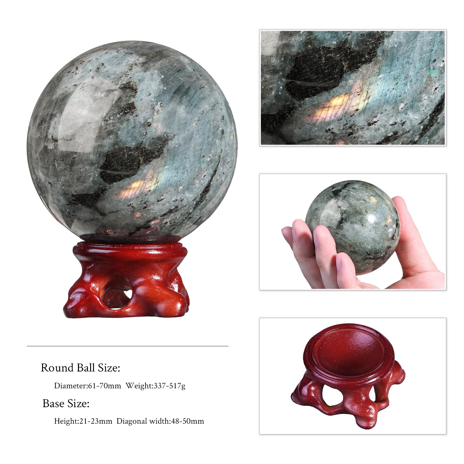 Rockcloud Sfera di labradorite naturale con supporto in resina, sfera di cristallo lucida, scultura decorativa per meditazione Fengshui decorazione per la casa, 6,1 – 7,9 cm