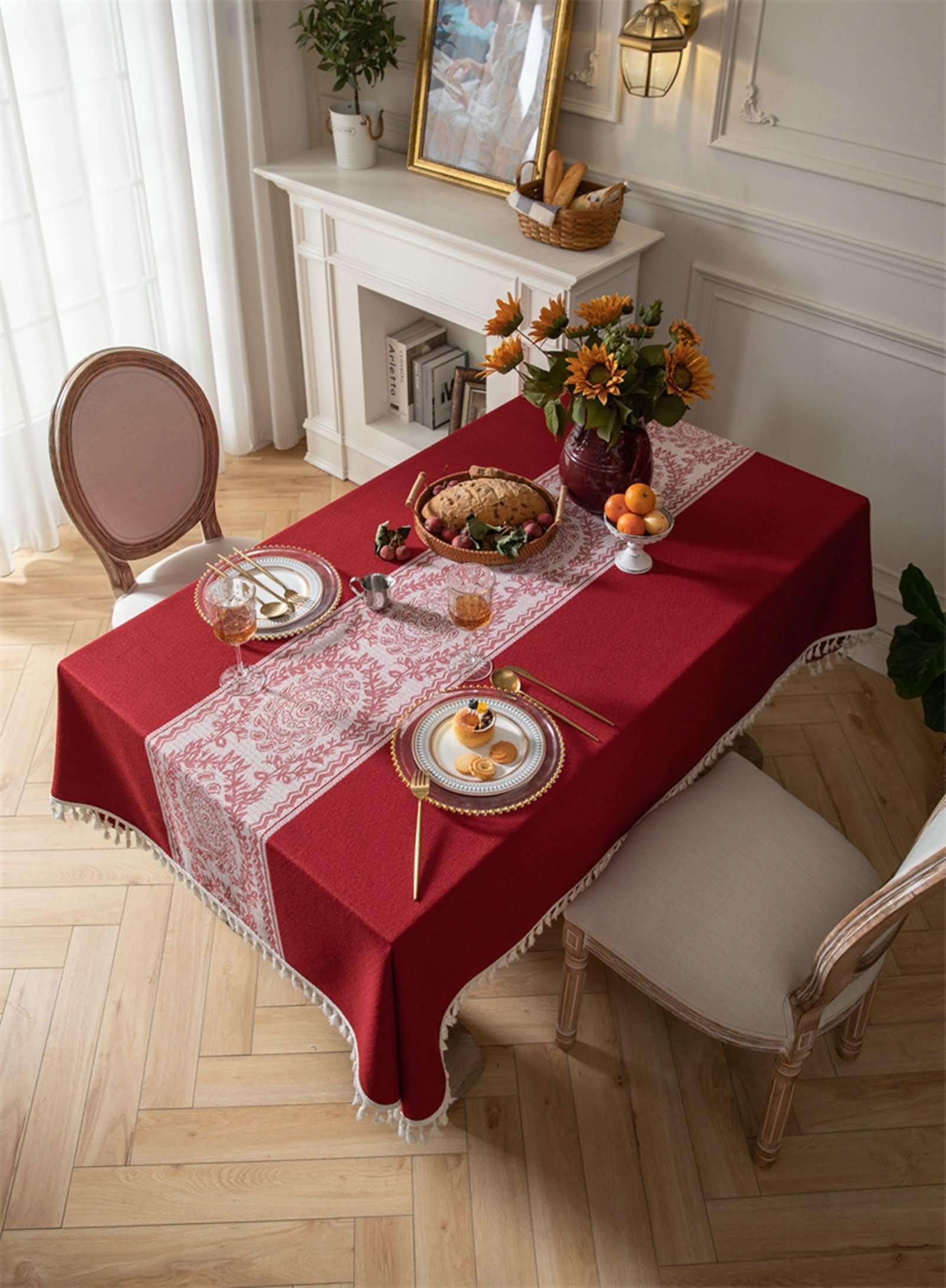 Mantel Lavable Antimanchas Rectangular Rojo, Estampado Floral con Borlas, de Poliéster Fácil de Limpiar, 140 x 220 cm, Mantel para Mesa de Centro