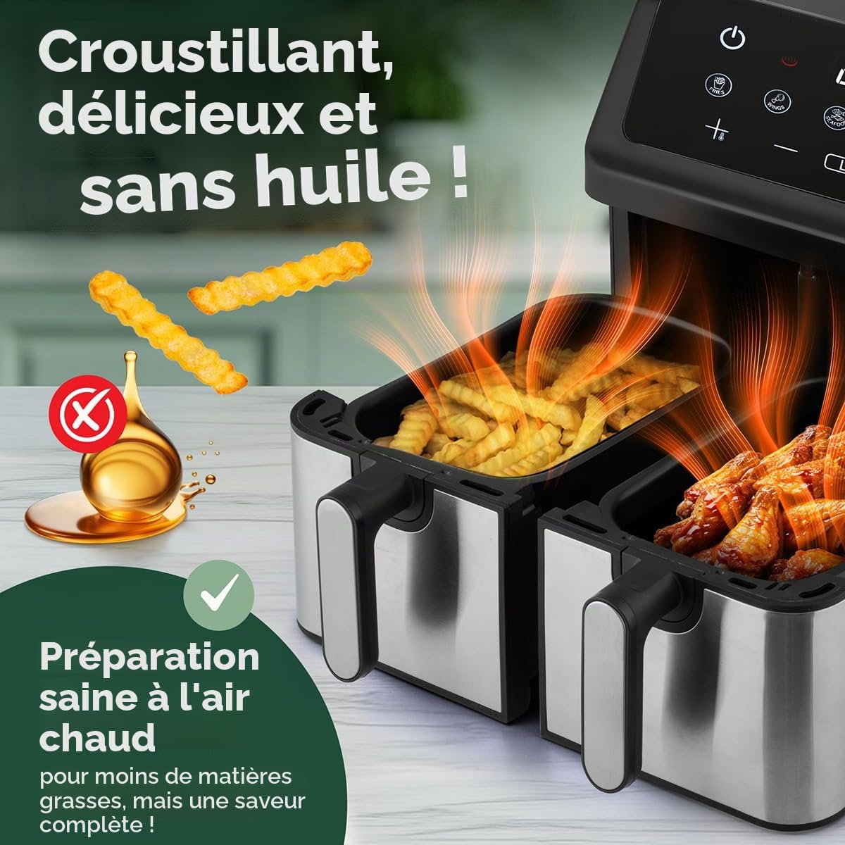 ProfiCook Friteuse à air chaud | Système de préparation simultanée | 9 litres | Friteuse à air chaud 2 compartiments | Frire sans graisse | Cuve avec anti-adhésif | Airfryer | PC FR 1296 H