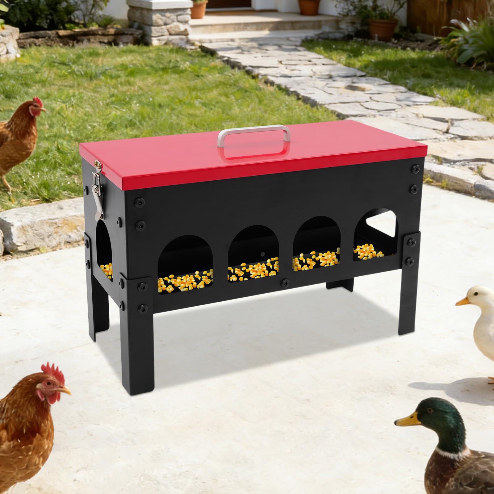 Comedero automático para pollos, 10 L, hierro, bebedero automático para pollos con 10 puntos de alimentación y tapa, accesorio grande para gallinas, comederos para aves de corral, pollos, patos