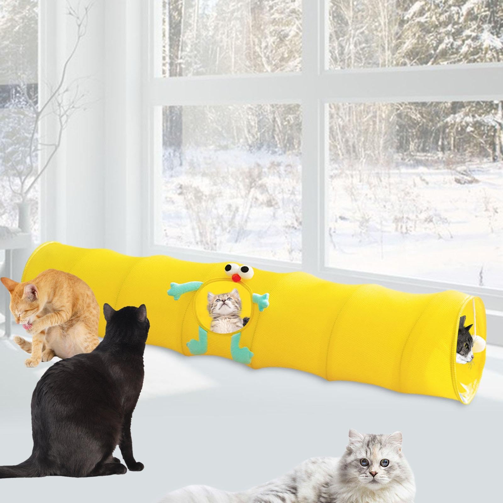 Tunnel pour Chat Tunnel de Jeu Animaux Jouet Chaton Interactif avec Boule Suspendue Conçu en Tissu Pliable Respirant Idéal pour Lapins Chiots Hamsters, Jaune S