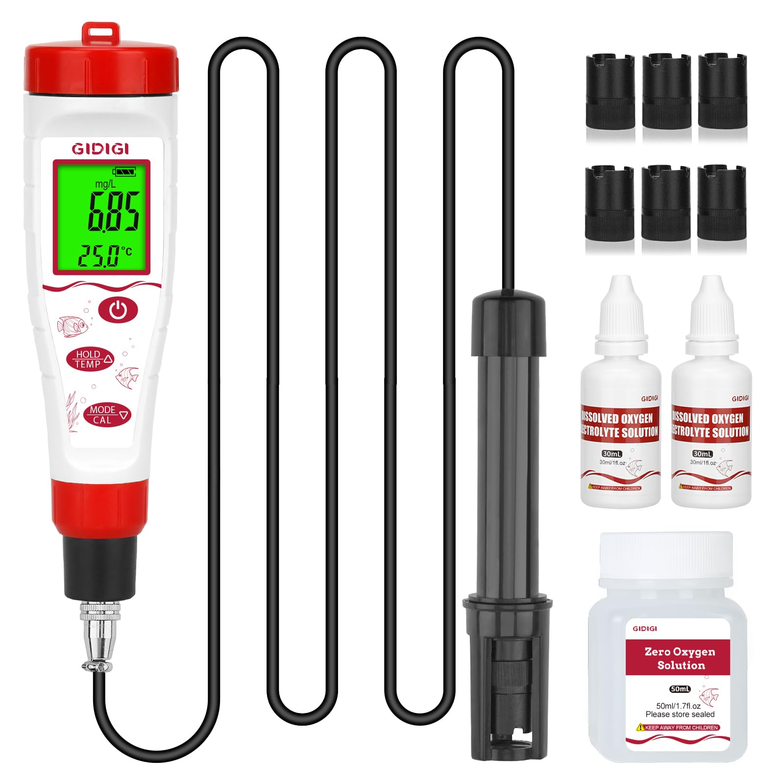 Testeur d'oxygène dissous intelligent GIDIGI pour l'eau, kit de test d'oxygène dissous avec compensation de sel et d'altitude, câble de sonde de 3 m, idéal pour les aquariums et les bassins.