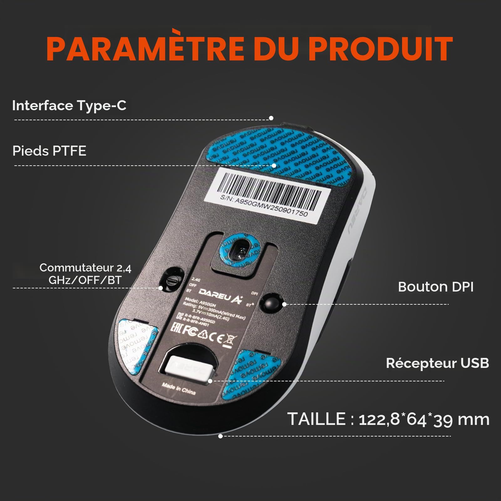 DAREU A950GM 60g Souris Gaming Ultralégère,Capteur Gaming PixArt PAW3395,100 Millions HUANO Gaming Micro Switches,26000 DPI,Recharge Rapide en 30 Minutes,Tri-Mode Souris Gaming pour PC/Mac,Blanche