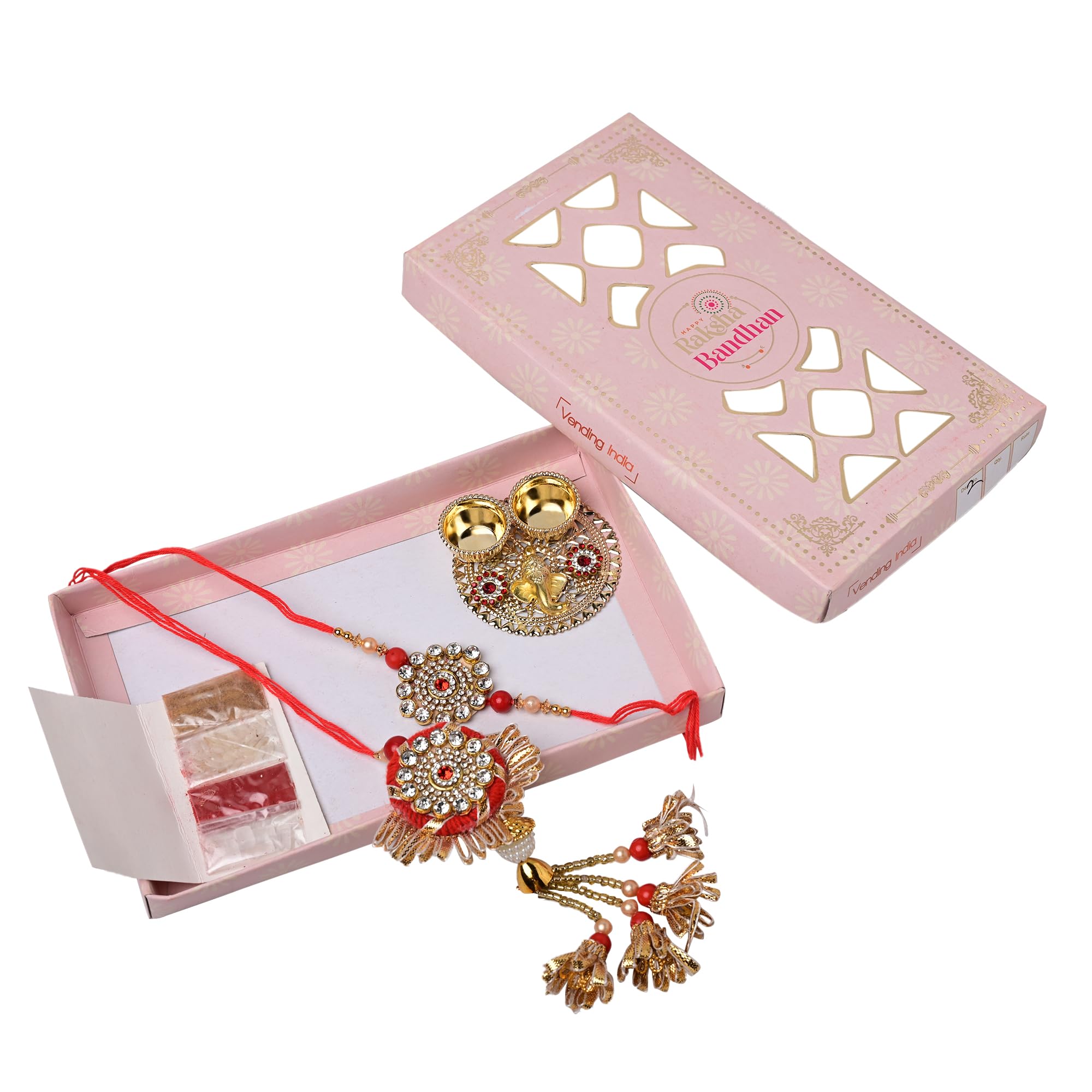 Vending India Gota Patti Bhaiya Bhabhi Pair Rakhi In A Gift Box With Roli Chawal Platter - Combo with Roli, Chawal, Chandan & Mishri in a Rakshabandhan Card (Jarkan)-image-12