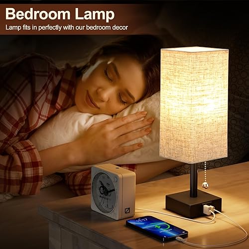 Miniatura 2 de Lámpara de noche beige con puertos USB, lámpara de dormitorio con cadena de tracción para mesita de noche, lámpara de mesa pequeña con USB C + un