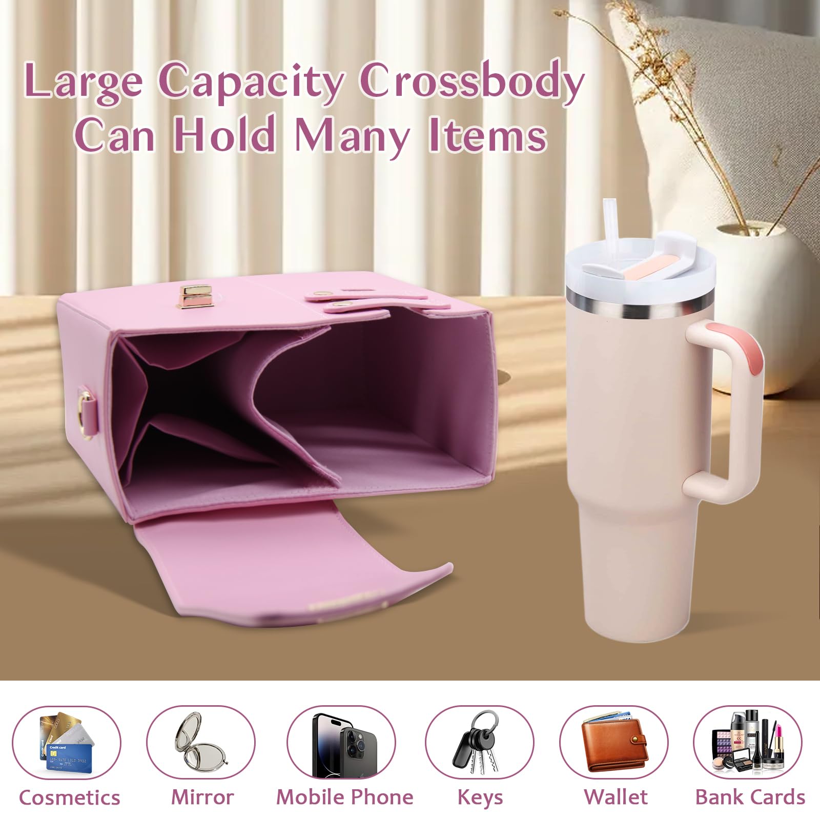 Tasche für Stanley Cup Handtasche Zubehör für Stanley Cup Tragbare Wasserflasche Crossbody Bag Trinkflaschentasche mit Schulter für Outdoor Reisen (Rosa)