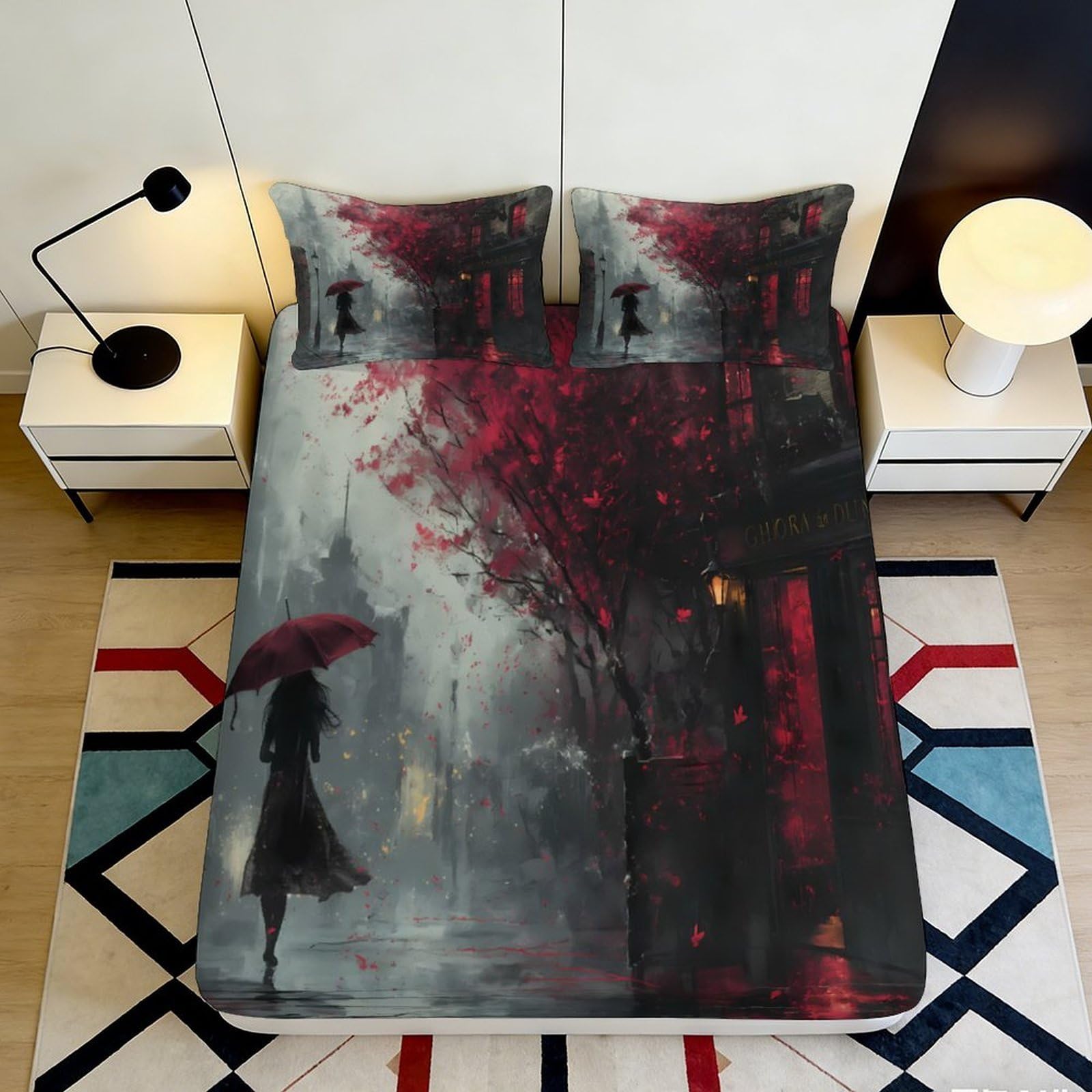 3D Printed Rainy Street Art Fitted Sheet Microfiber Dark Red Umbrella Mattress Cover for Bedroom Dorm Decor 90x200x25cm