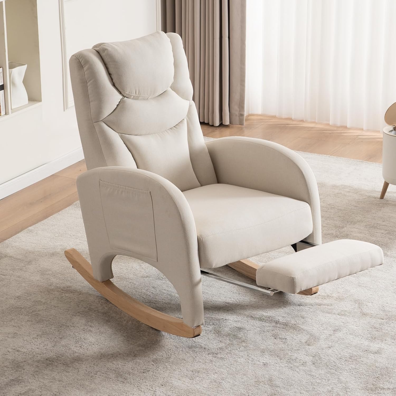 rocking chair nurserymodern glider chair with adjustable footrest and solid wood legshigh backrest nursery chair with side pocketrocker armchair for living room bedroom cotton linen beige