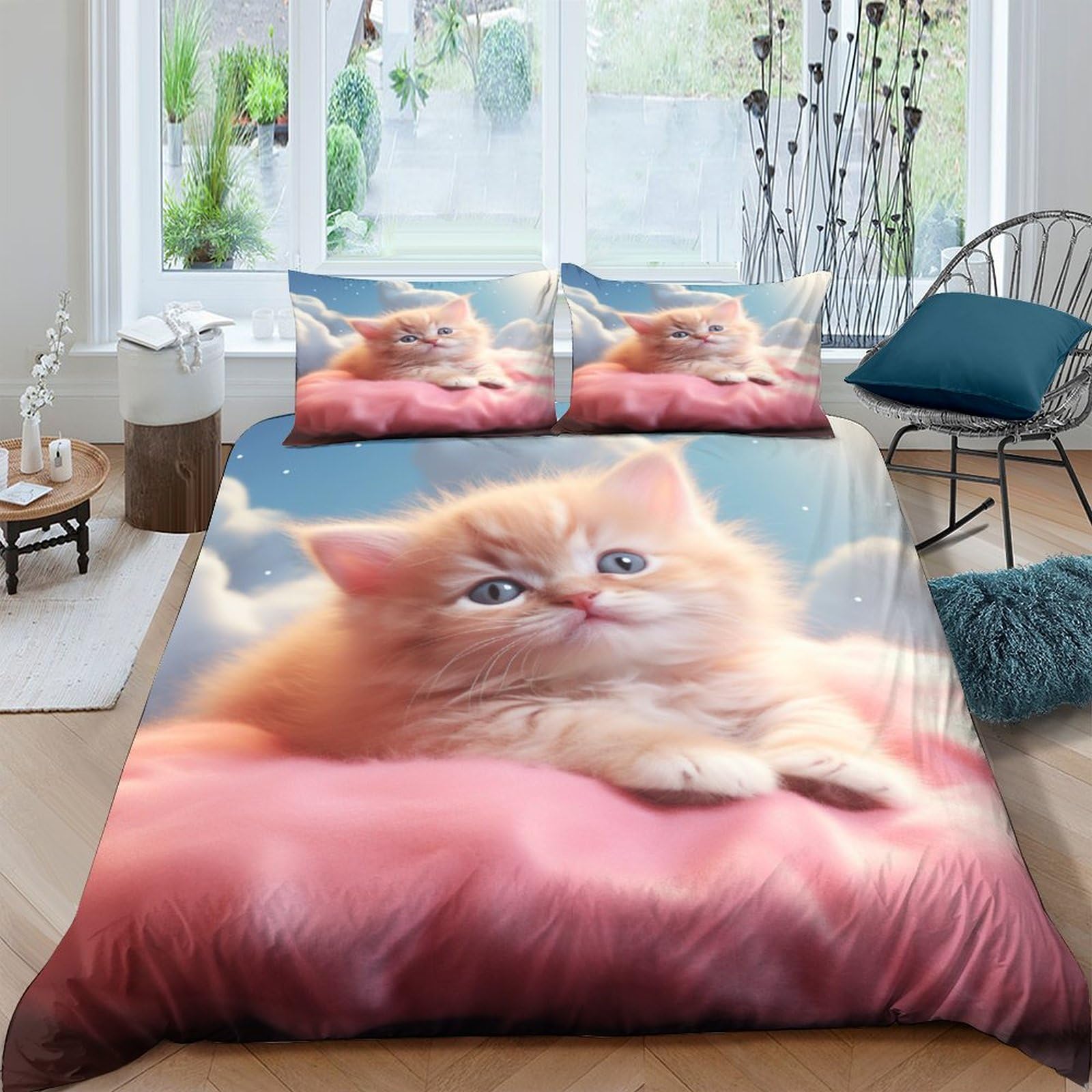 Housse de couette chaton 3D anti-humidité et hypoallergénique pour lit junior