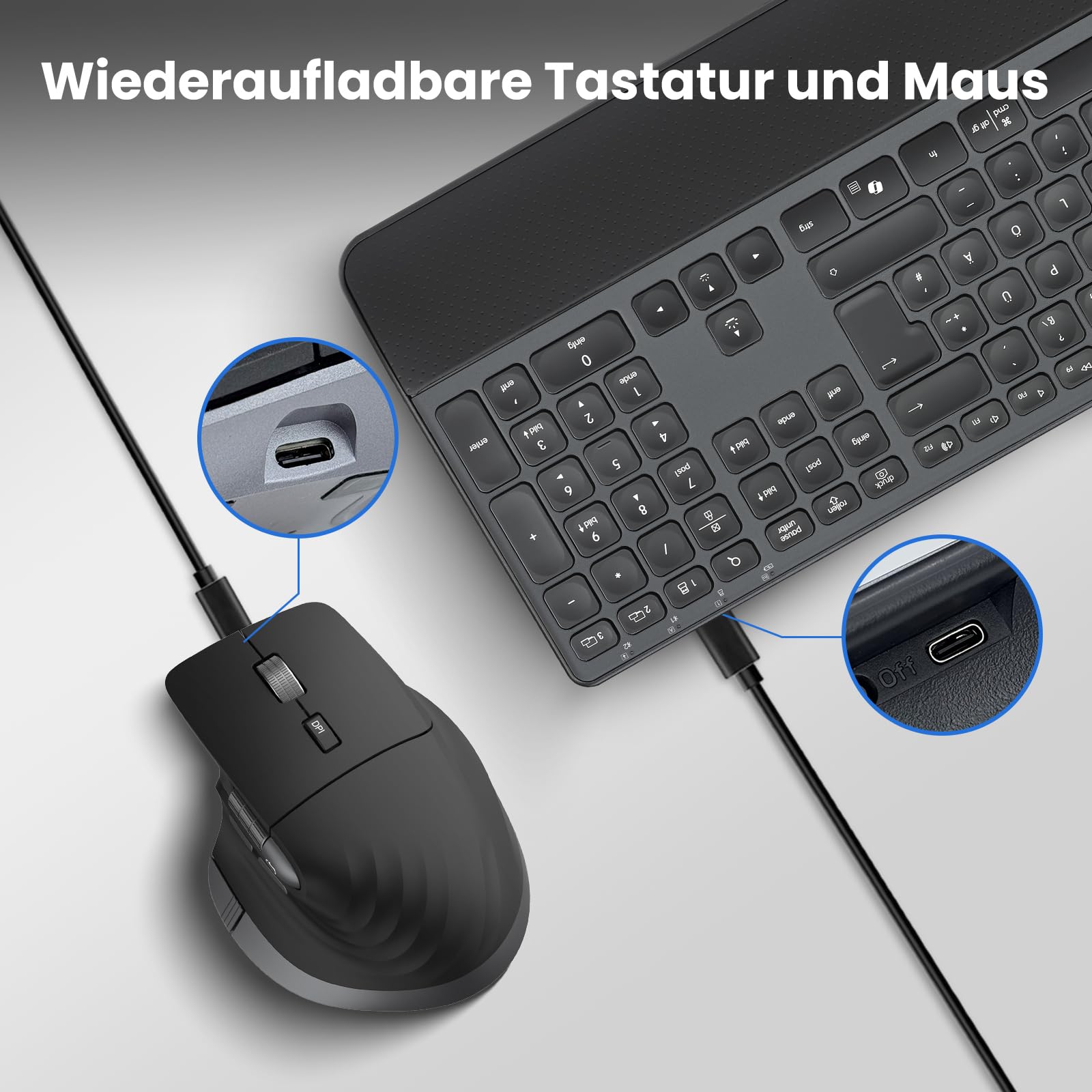 CITLLA M9100 Kabellose Tastatur Maus- Wiederaufladbare Ergonomische Tastatur mit Hintergrundbeleuchtung, Adjustable Ständer und Handgelenkstütze, Hyper Fast Scrolling Maus für Desktop PC Laptop(Grau)