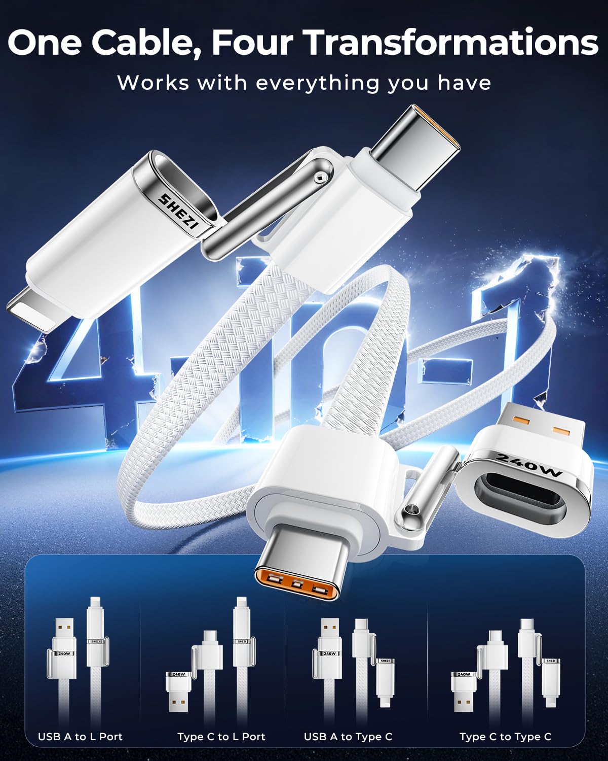SHEZI Applstyle - Cable USB C a Lightning 4 en 1 de 5 pies, carga rápida de 240 W, transferencia de datos de sincronización de 15 segundos, soporte para CarPlay y Android Auto, USB A a tipo C, combo