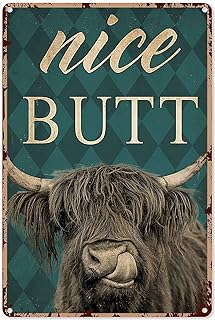 Eeypy Bathroom Art Wall Decor Nice Butt Highland Cow Tin Sign Decoration Vintage Chic Metal Poster Wall Decor Art Gift Funny for Home Bathroom Bar Cafe Garage Man Cave 12x8 inch