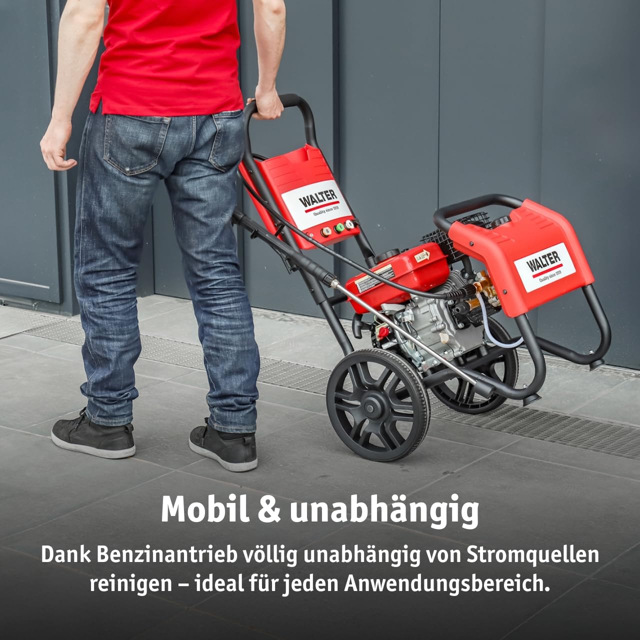 WALTER Benzin Hochdruckreiniger, Terrassenreinger, 250 bar, 7 PS Viertaktmotor, 208 CCM, inkl. Zubehör: 6m Hochdruckschlauch, 4m Ansaugschlauch, 5 Düsen, Vollgummiräder