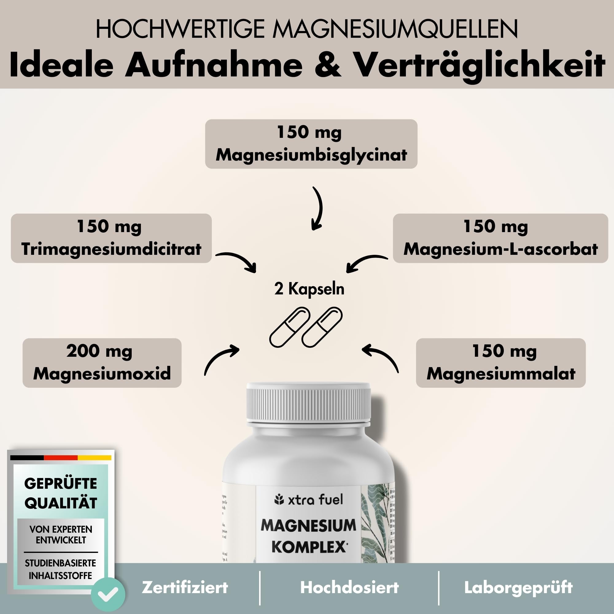 Magnesium Komplex hochdosiert - 720 Kapseln, 400 mg elementares Magnesium, 5-fach Komplex für Muskeln & Nerven aus Oxid, Citrat, Bisglycinat, Malat & Ascorbat – laborgeprüft & vegan