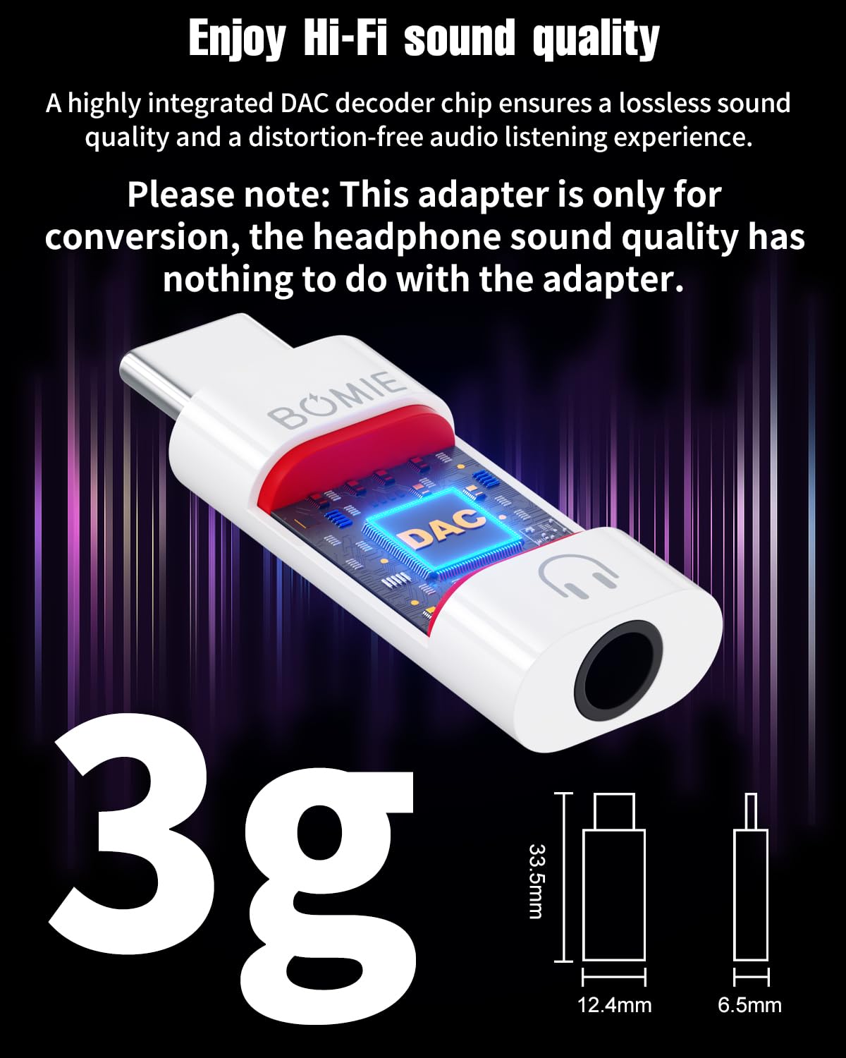 BOMIE Adattatore da USB C a jack audio per cuffie da 3,5 mm, confezione da 4 pezzi, chip decodificatore DAC di qualità del suono senza perdite, jack per cuffie da 3,5 mm femmina a tipo c maschio