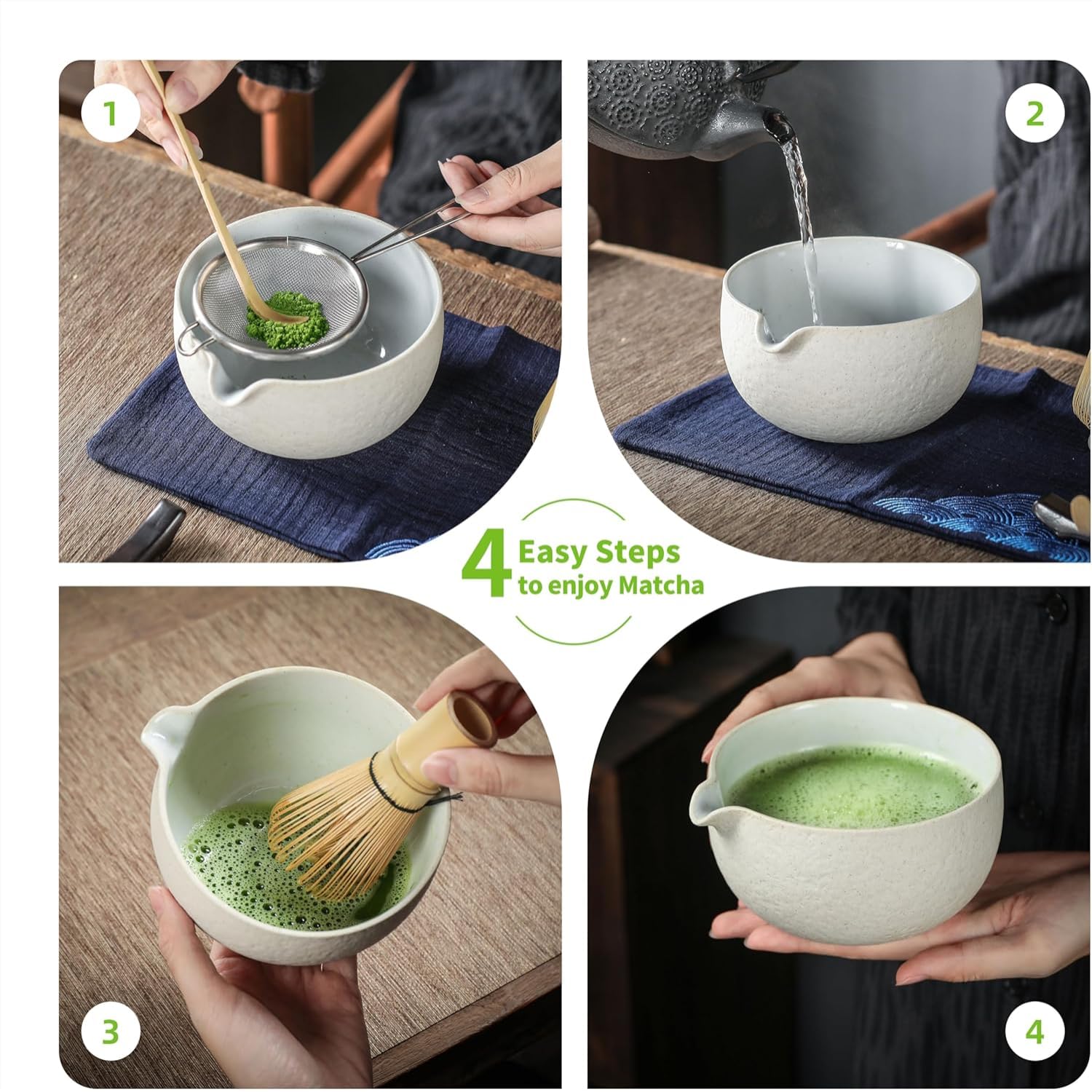 Juego de Té Matcha Japonés - Cuenco Con Boquilla de Vertido, Bandeja, Batidor, Soporte de Cerámica, Organizador de Polvo y Kit de Ceremonia