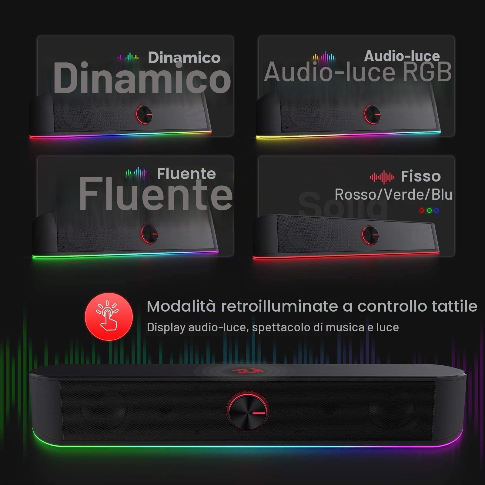 Redragon GS560 Adiemus RGB Desktop Soundbar, Altoparlante per computer a 2.0 canali con barra di illuminazione dinamica, sincronizzazione audio/luce, retroilluminato con controllo touch con manopola