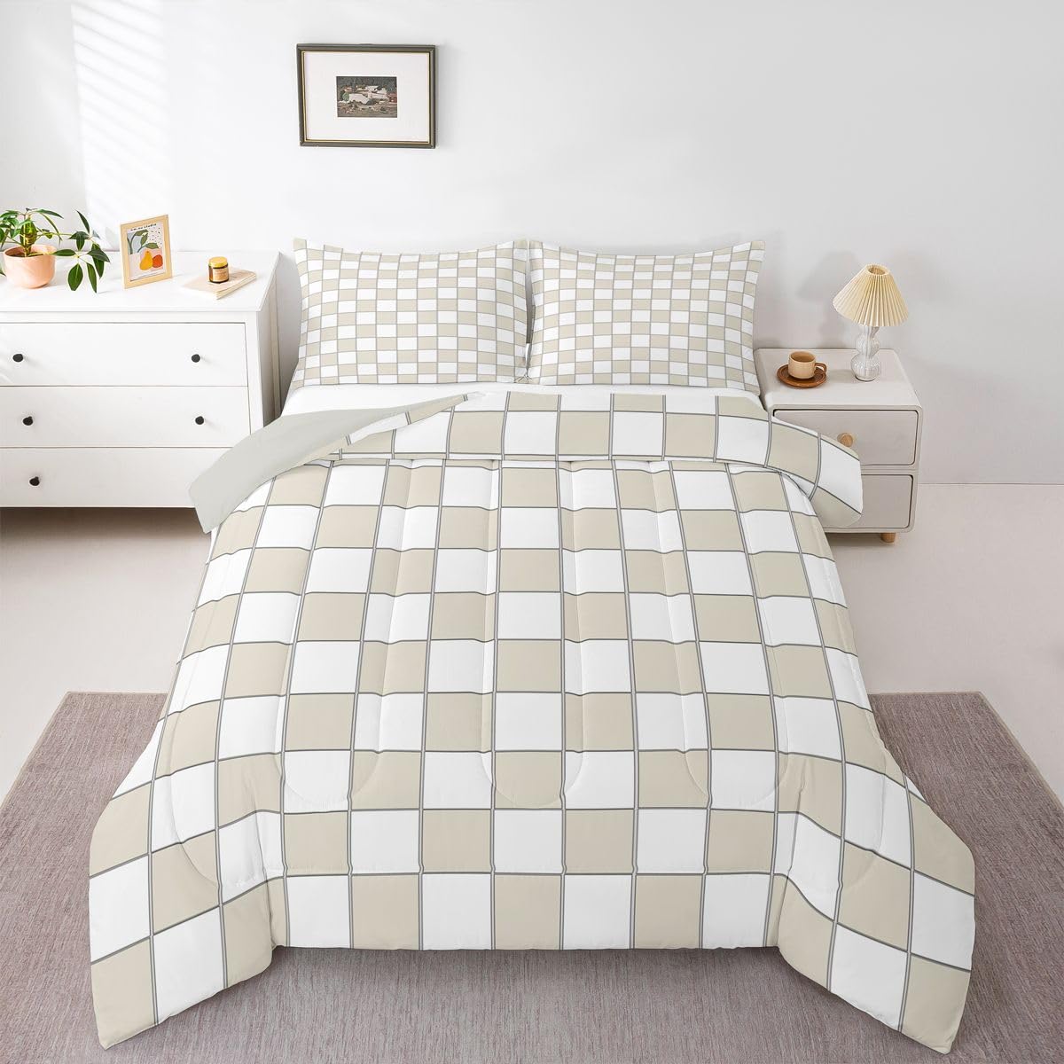 Erosebridal Plaid Queen Size Comforter Set Beige White Checkerboard Bedding Set Geometric Checkered Bedding Comforter Sets,Aesthetic Grids Quilt 3 Pcs