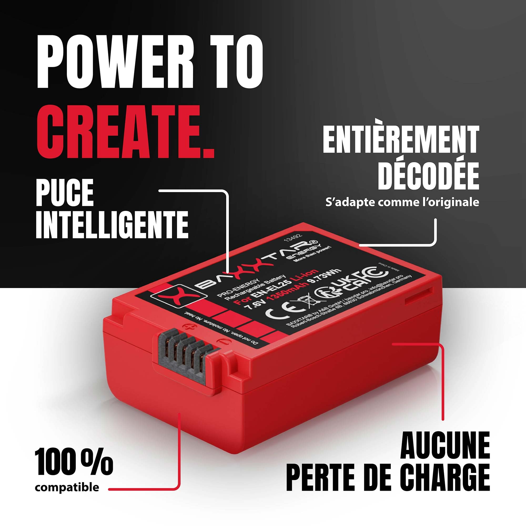 Baxxtar Batterie pour Nikon EN-EL25 EN-EL25a Z30 Z50 II ZFC, 1350mAh 7.6V