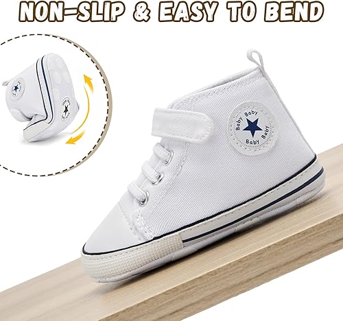 Miniatura 4 de BACSAC Zapatos altos de lona para bebés y niñas recién nacidos, zapatos deportivos para primeros pasos con gancho y bucle, transpirables, ligeros,