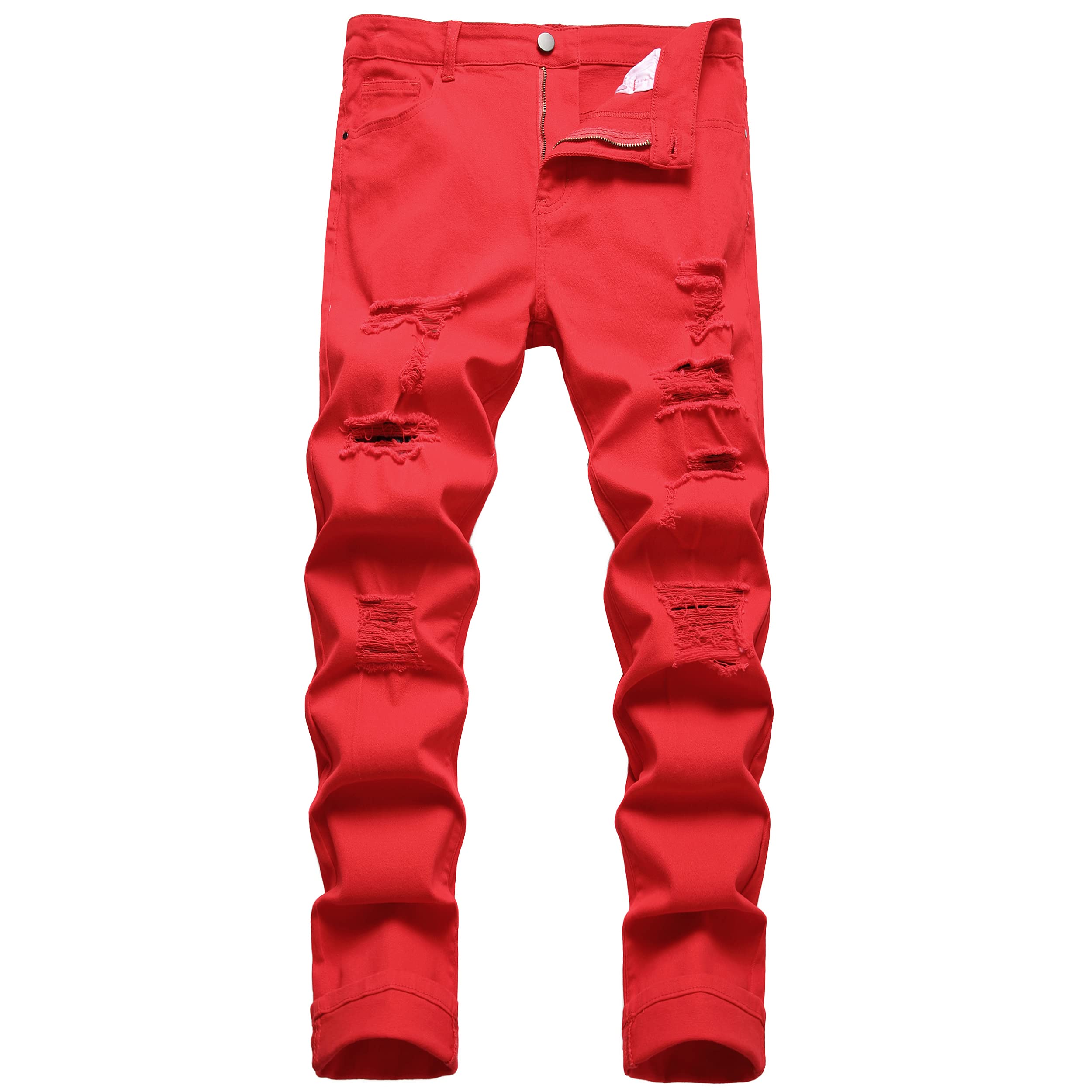 Mxcvycc Men's C#Red Stretch Jeans Ripped Jeans,Slim Fit Distressed Straight Leg Fashion Denim Pants, 34