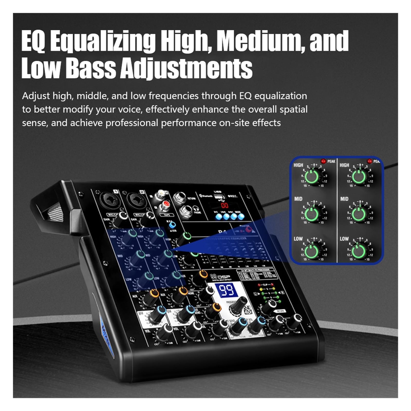 Mixer per DJ, Mixer Professionale P4 Equalizzazione 4 Canali 99 DSP USB/Bluetooth 3, Console Mixer con Monitoraggio in Tempo Reale
