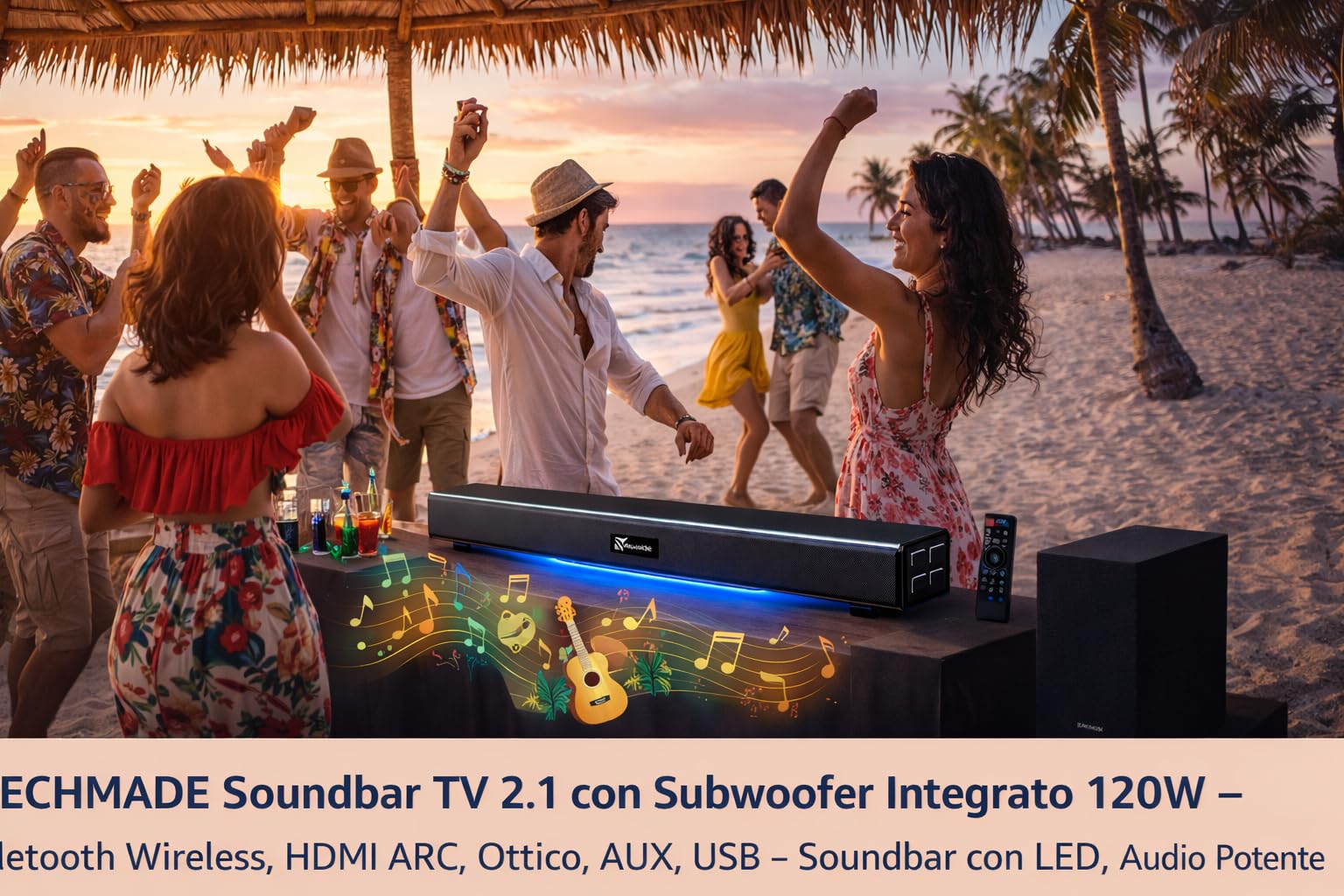 TECHMADE Barre de Son TV Bluetooth | Puissance maximale 120 W, Basses Profondes, Audio stéréo | Bluetooth, AUX, HDMI Arc, Optique (2.1)