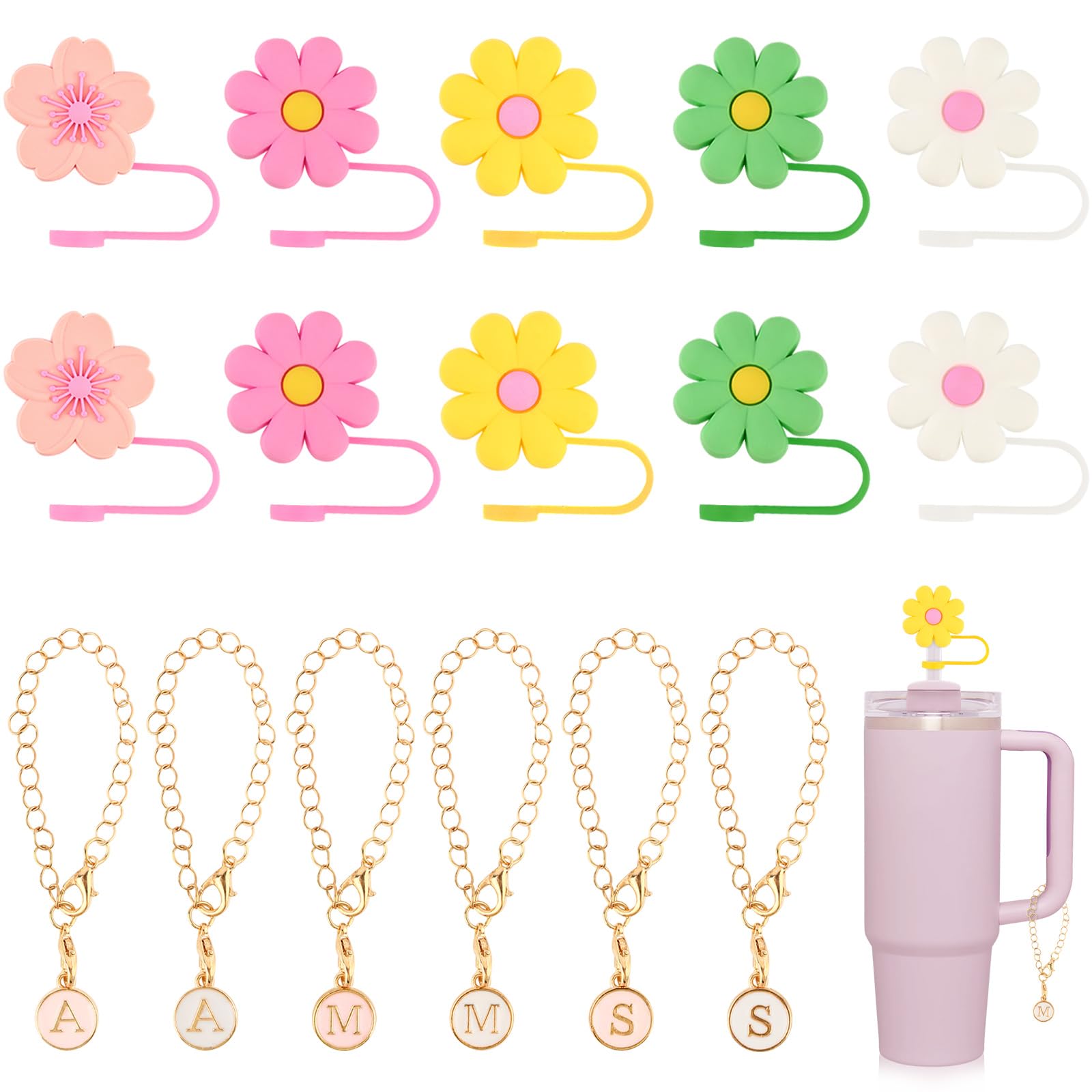 10 Pcs Flower Straw Topper for Stanley Cup, Silicone Straw Toppers, 10mm Straw Cover Cap, Reusable Straw Covers with 6 Letters Pendant for Travelling Camping (5 Colors)