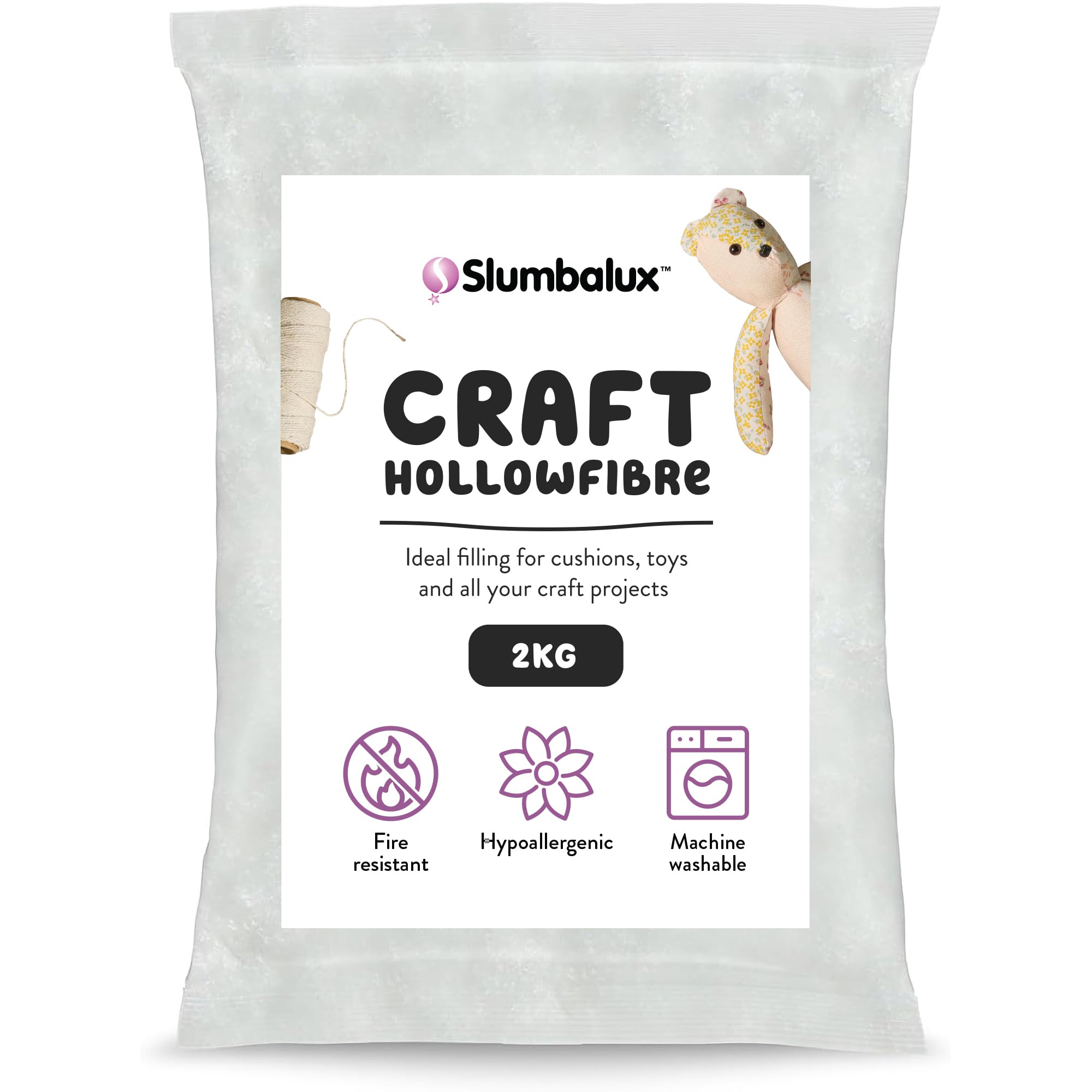 Slumbalux Hollowfibre Toy Stuffing 2kg Bag - 100% High Grade Fire Resistant Hollowfibre Pillow Filling for Soft Toys, Knitted Toys, Cushions, Home Décor & Crafting - Washable, 2KG