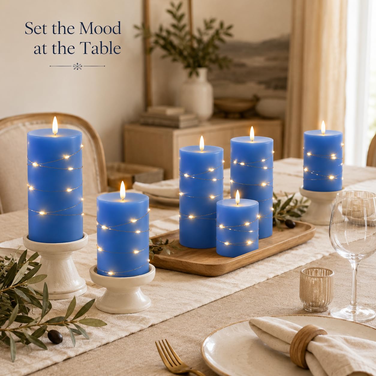 Upinmz Candele blu tremolanti senza fiamma con luci a stringa incorporate, candele a batteria con telecomando e timer, candele LED senza fiamma per decorazione domestica, in vera cera, set di 3