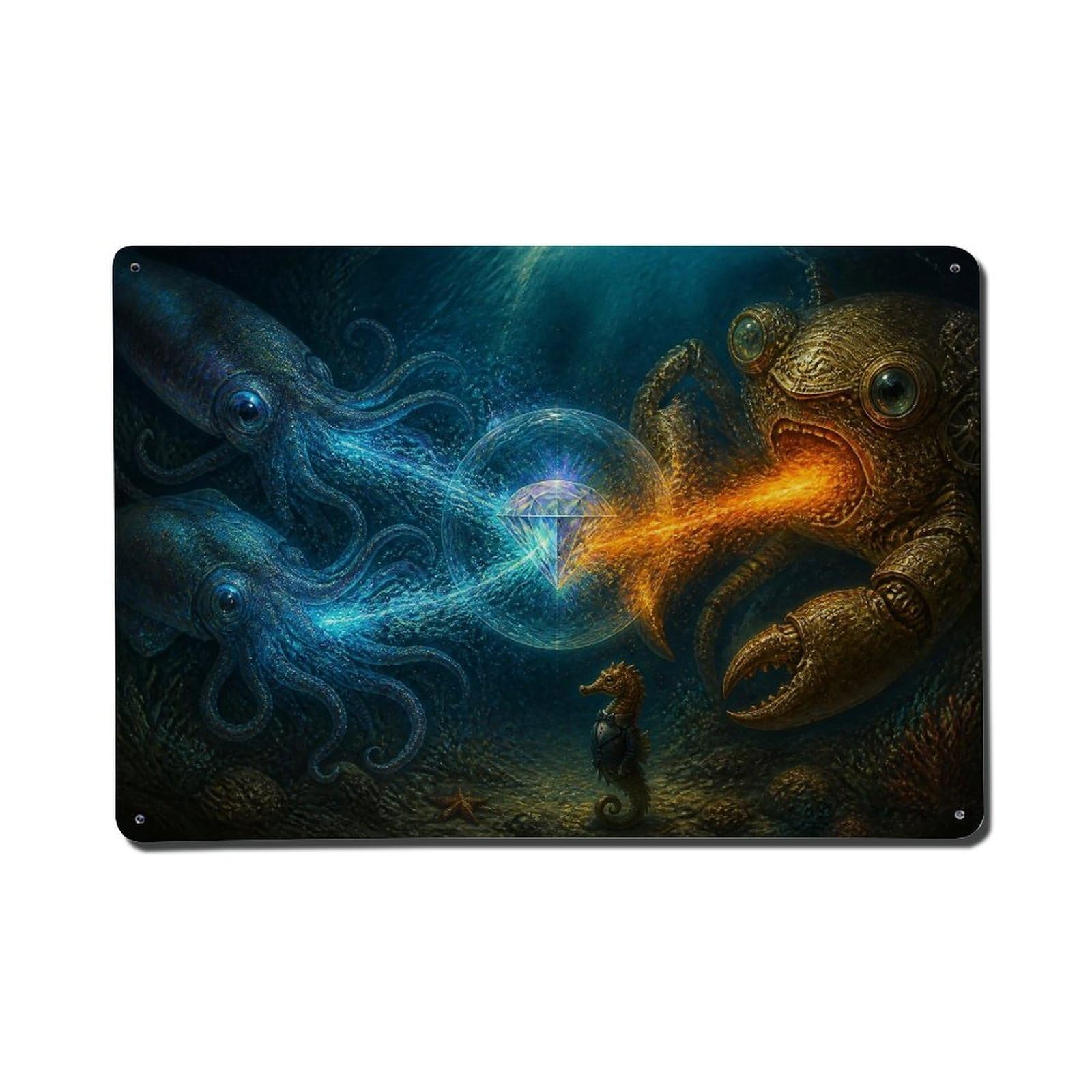 Social Satire Nature Study Octopus Crab Fantasy Battle Surreal Metal Tin Sign Plaque Wall Decor for Cafe, Man Cave, Club Bar, Office, Home Garden Round Metal Poster 8x12Inch