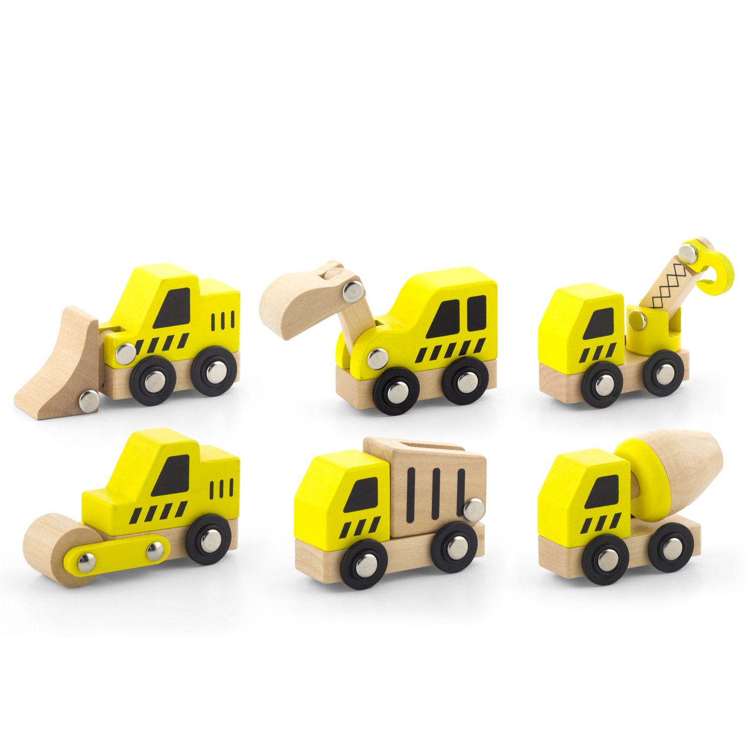 VIGA 6 Wooden Construction Vehicles Set - Childrens Push Along Play Trucks, 50541