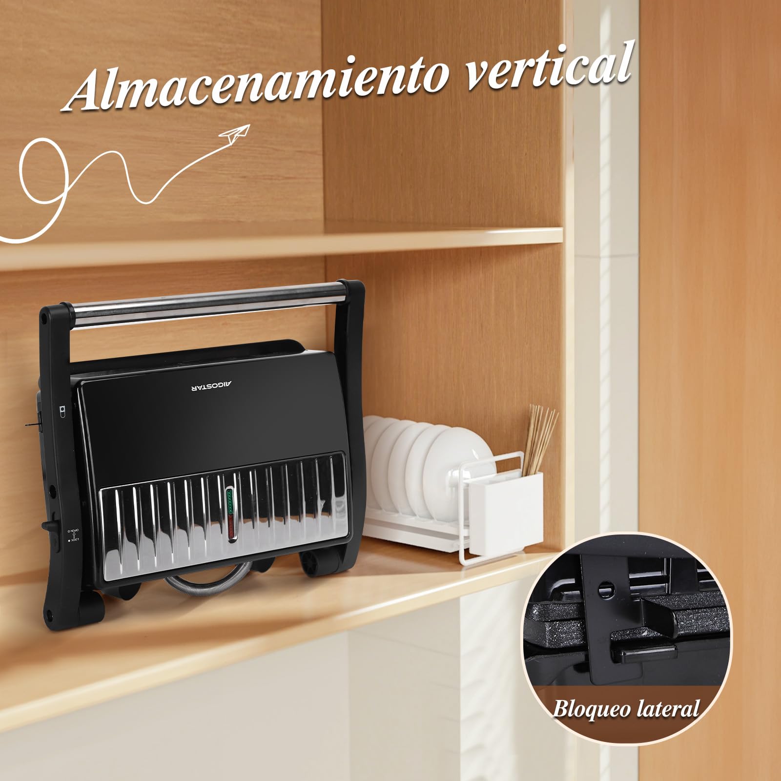 Aigostar York Pro - Sandwicheras y Panini, Parrilla Eléctrica, Grill con Placas Antiadherentes, 1000W, Apertura de 180º Dos Superficies de Cocinado de 23 x 14.5cm, Pinza de Cierre.